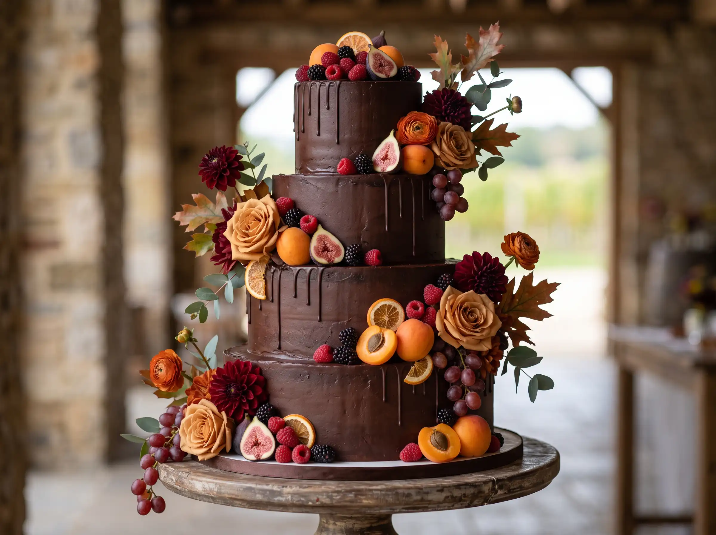 Rich chocolate wedding cake tiers adorned with fresh seasonal fruits in an orchard harvest style