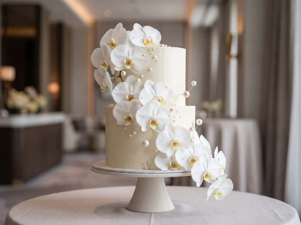 Pearl Orchid Grace Inspiration A modern luxury i Wedding cake with orchids pearls