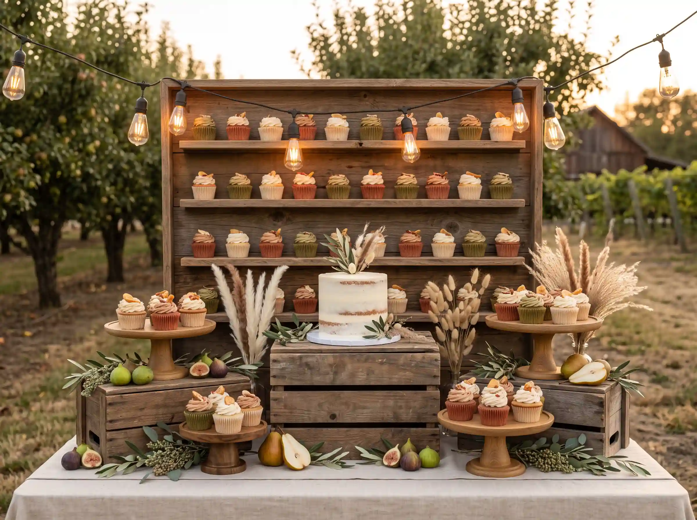 Rustic orchard wedding sweet table with wooden stands holding small cake and cupcakes