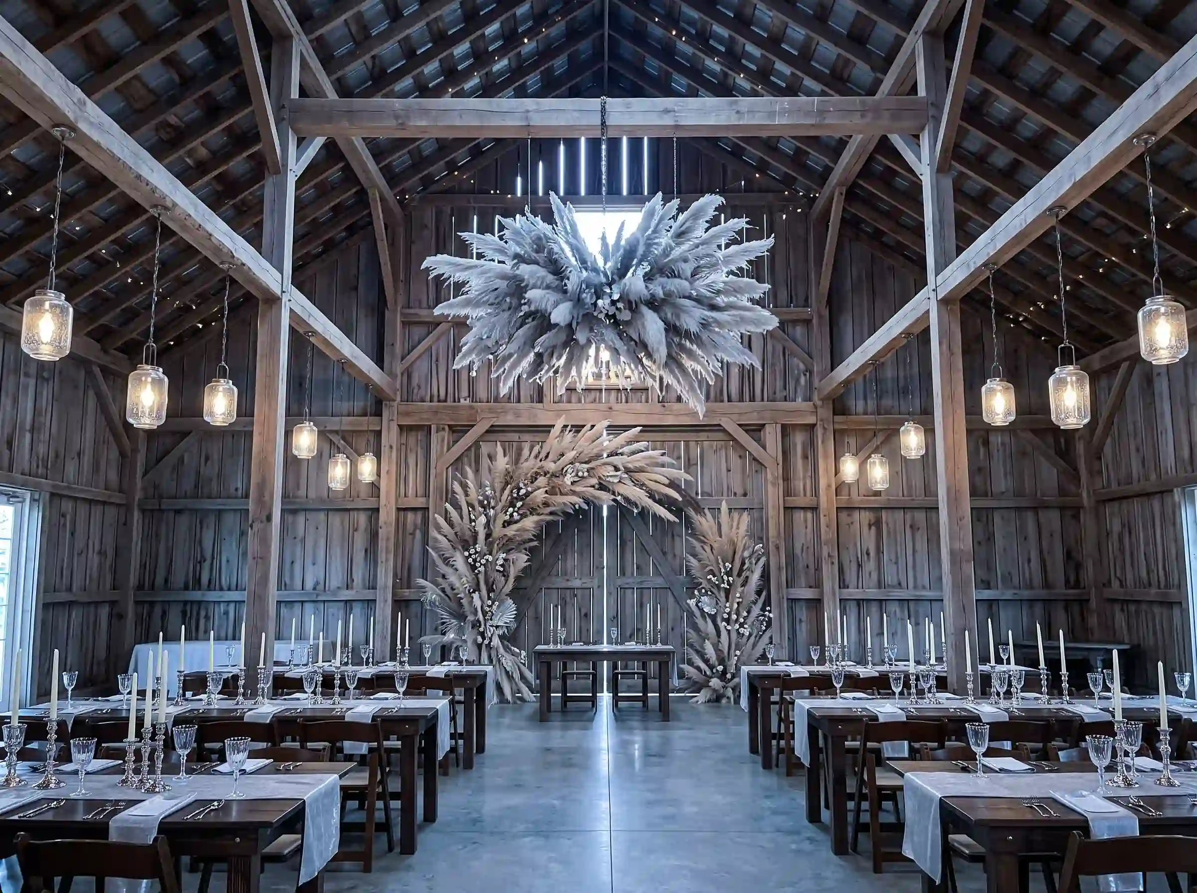 Barn reception with a pampas grass chandelier and silver shimmer linen runners on rustic farm tables
