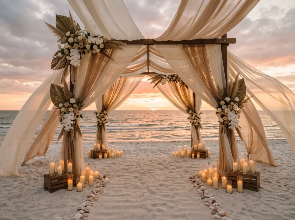 Sunset Linen Pavilion Inspiration Romantic flowi Sunset linen pavilion beach cere…