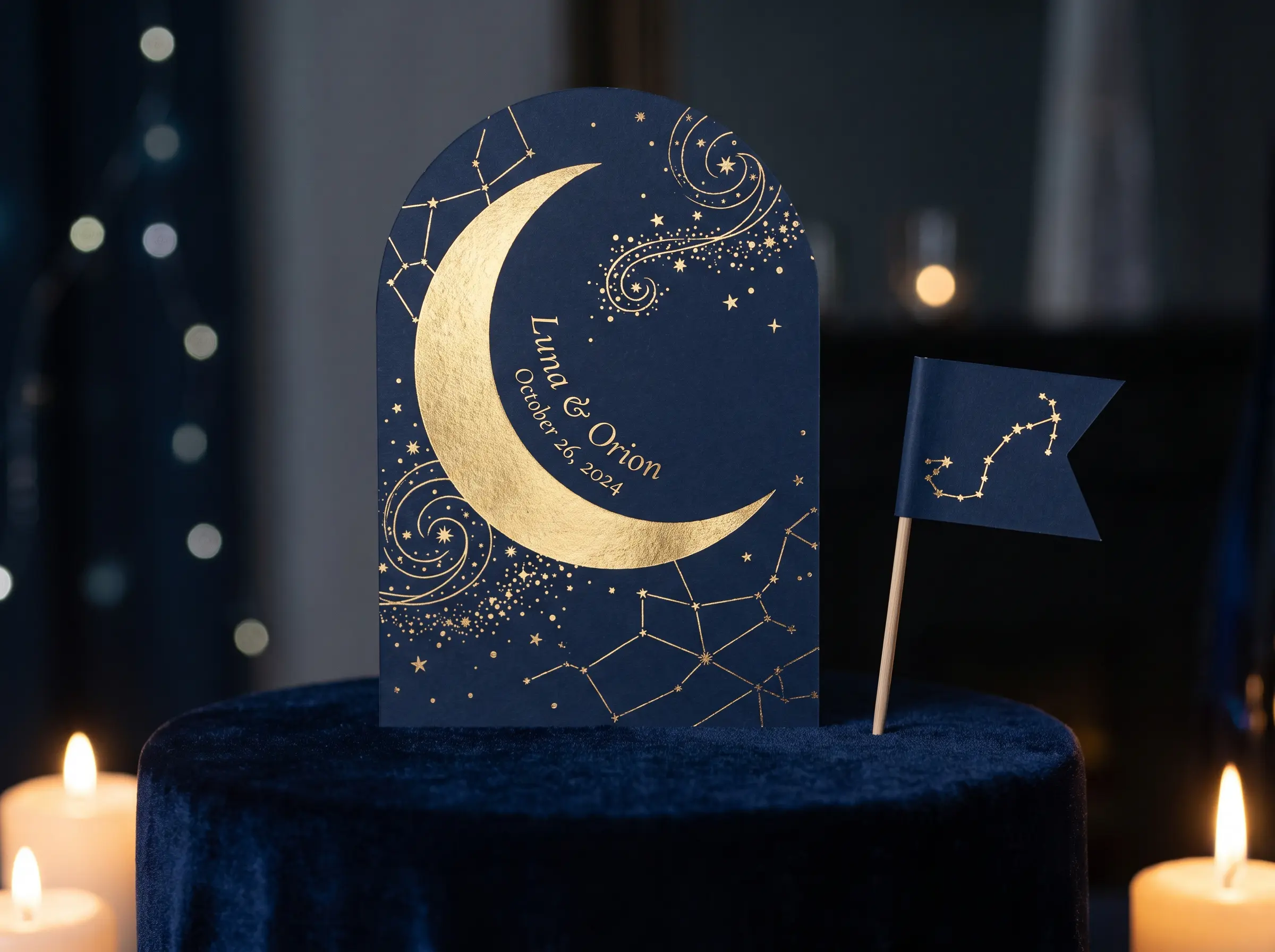 Celestial midnight navy crescent moon and gold stars wedding cake topper