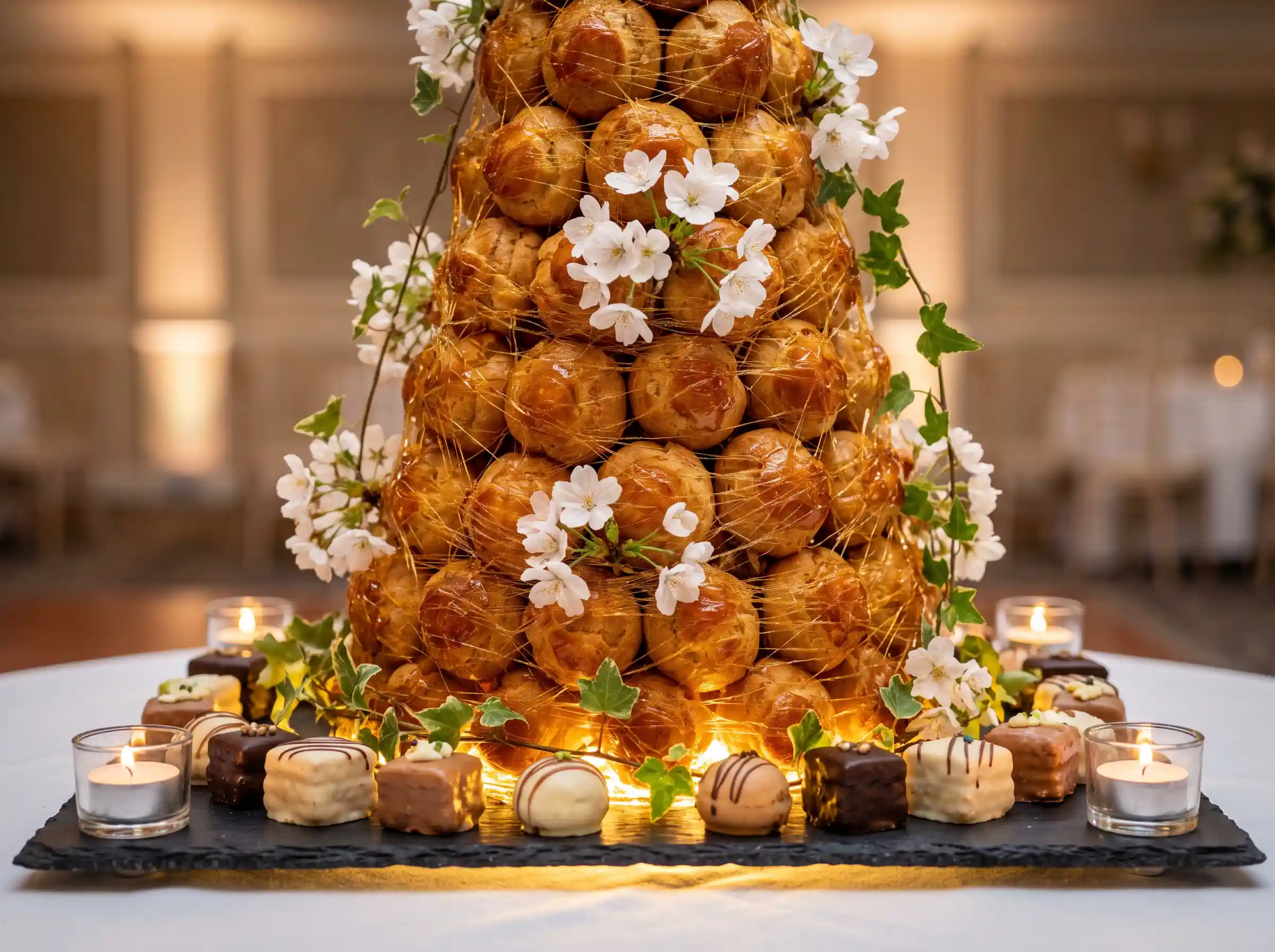 Soaring croquembouche tower of cream puffs with spun caramel threads cherry blossoms and greenery