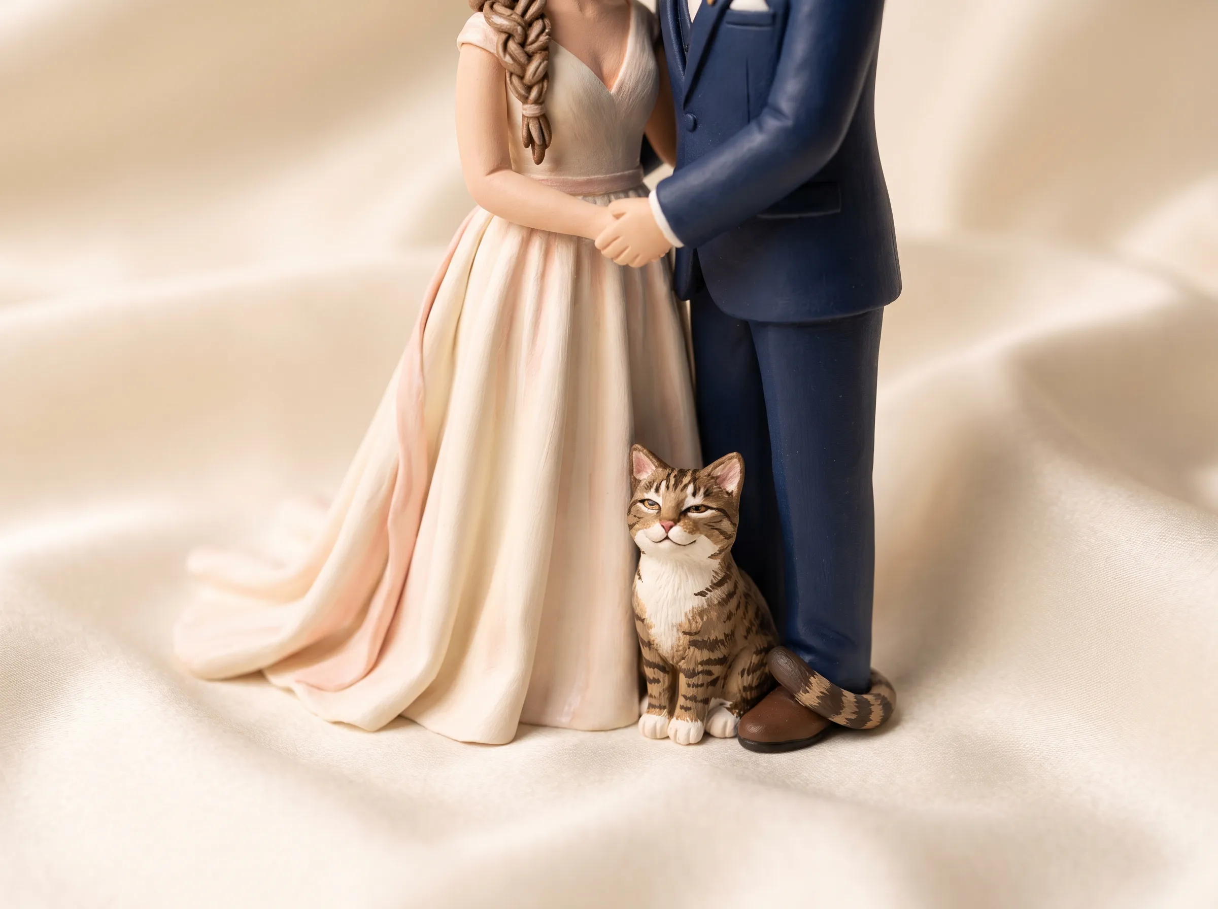 Custom polymer clay bride and groom cake topper with miniature cat figurine at their feet