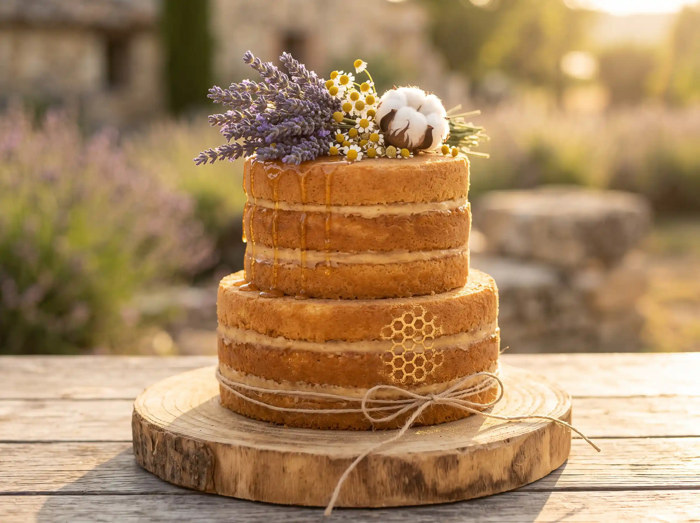 Two-tier naked wedding cake with honey drizzle lavender sprigs and honeycomb gold stencil detail