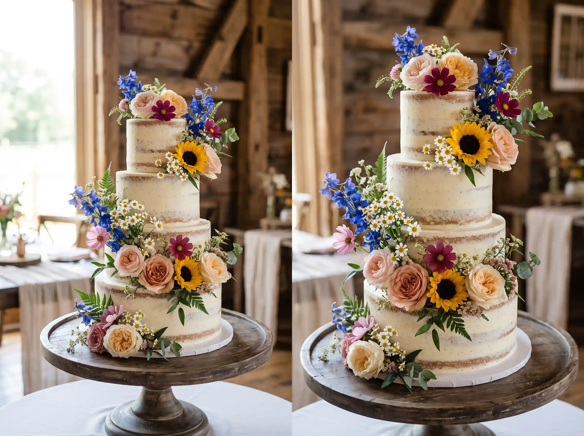 Rustic barn wedding cake decorated with delicate wildflowers and natural greenery accents