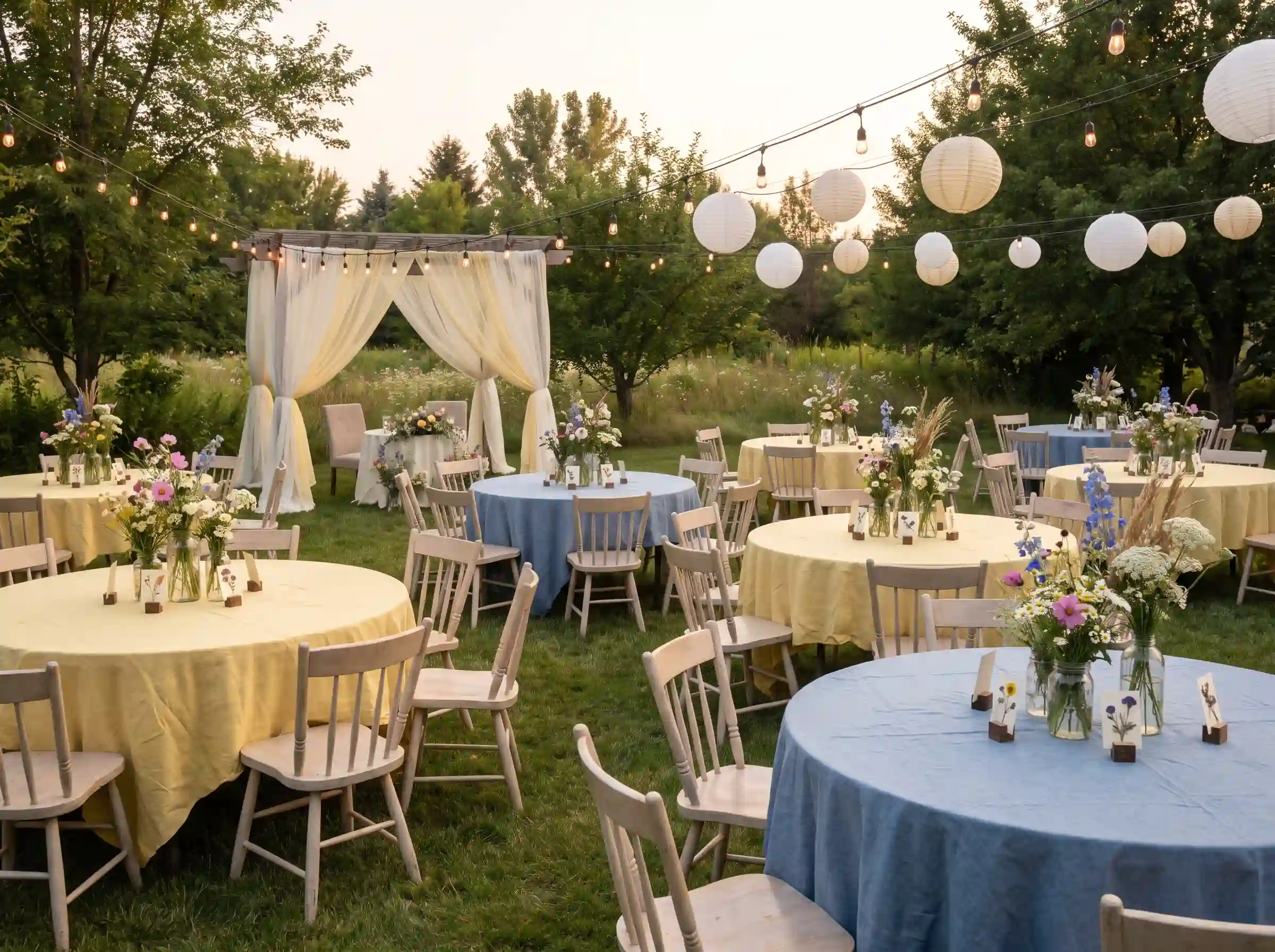 Soft meadow-inspired backyard reception with wildflower arrangements, linen tablecloths, and paper lanterns