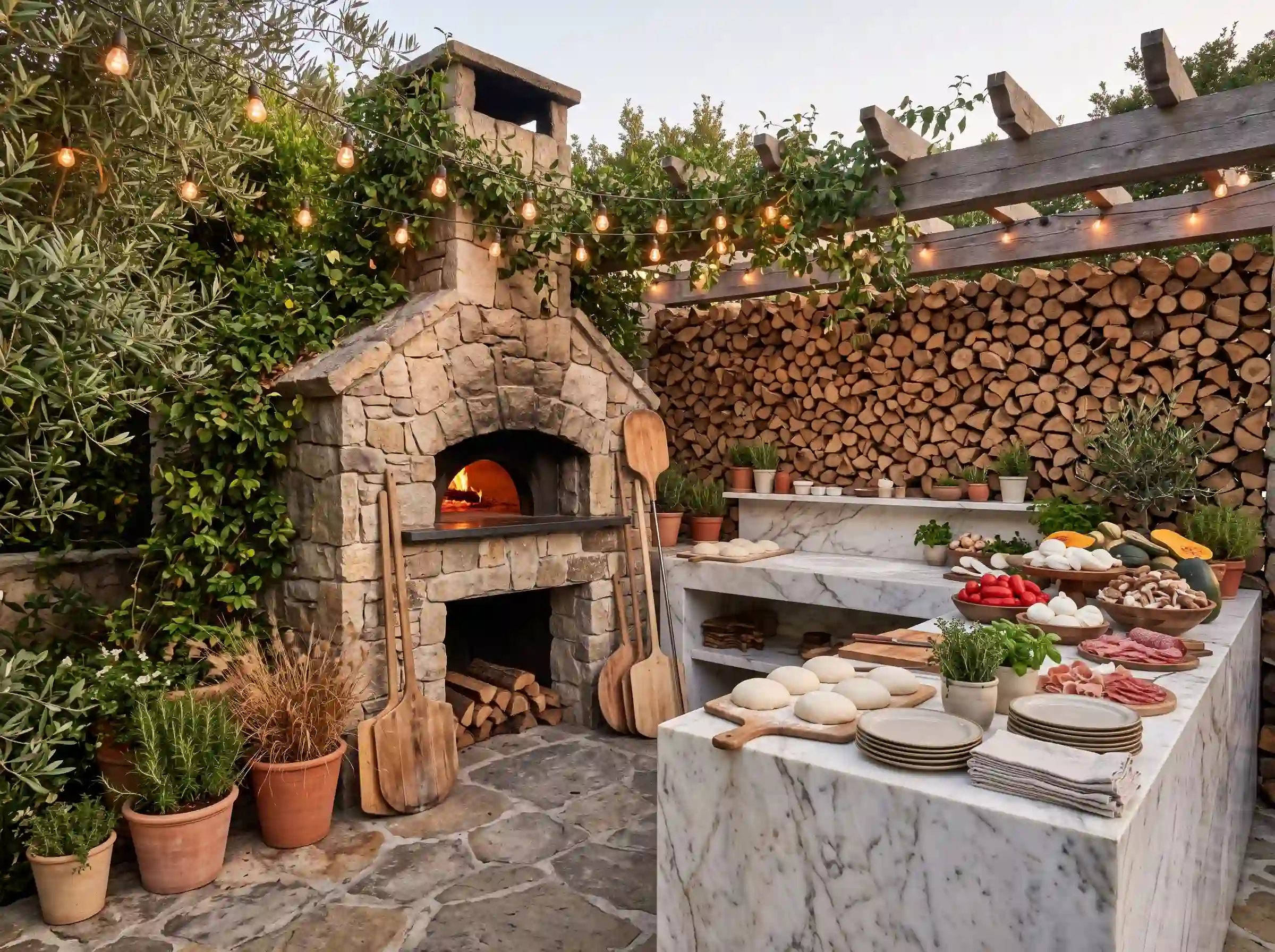 Stone wood-fired pizza oven with marble prep counter and fresh ingredients for outdoor wedding reception