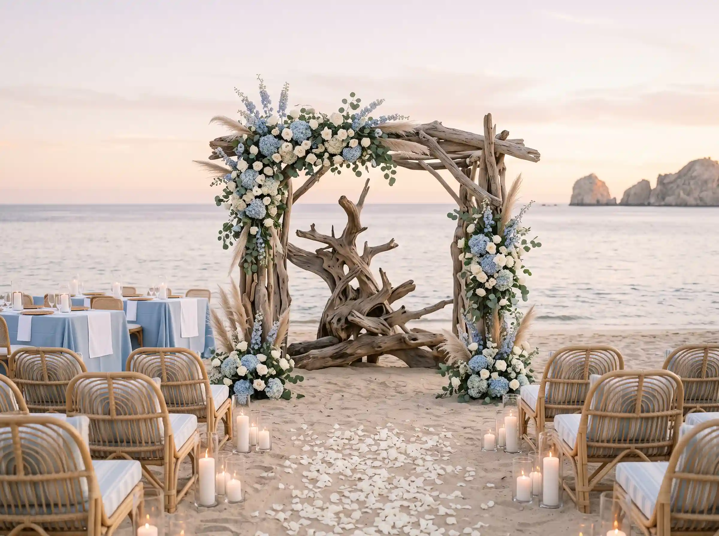 Beach wedding ceremony with driftwood arch adorned with blue hydrangeas and ocean backdrop