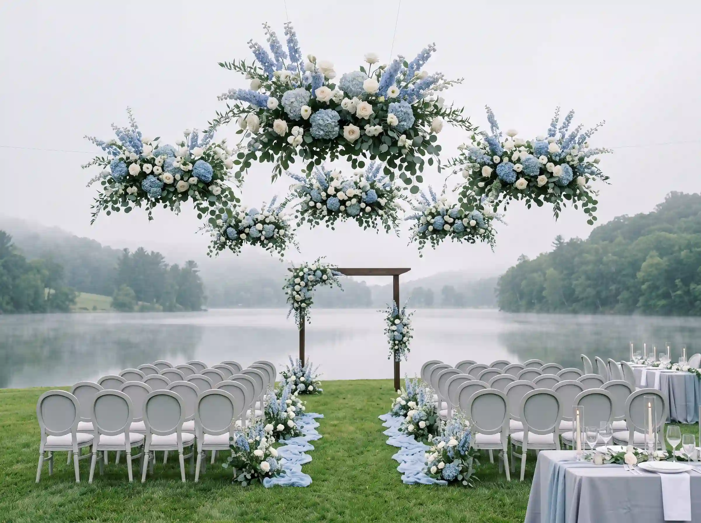 Lakeside wedding ceremony with misty blue floral installation and eucalyptus garlands over water