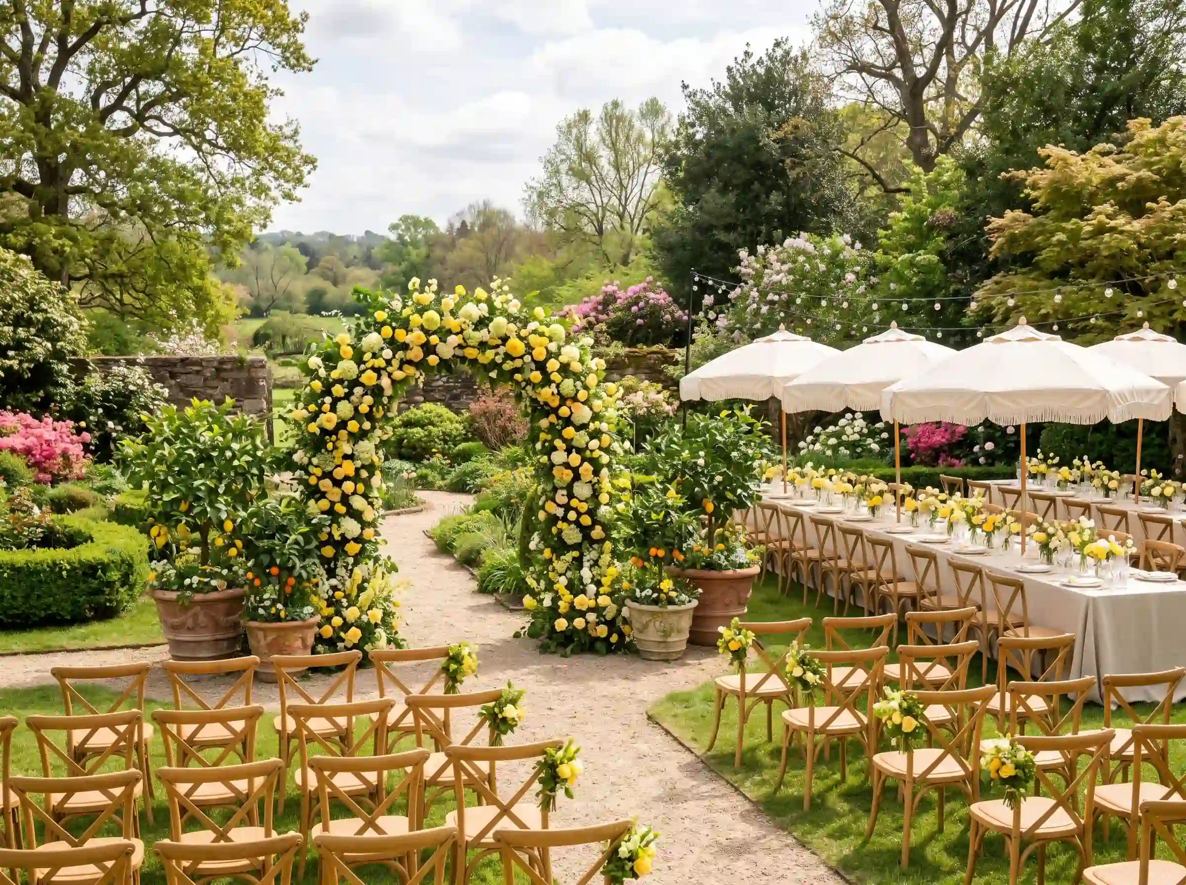 Cheerful garden wedding with butter yellow floral arch and white fringed parasol umbrellas