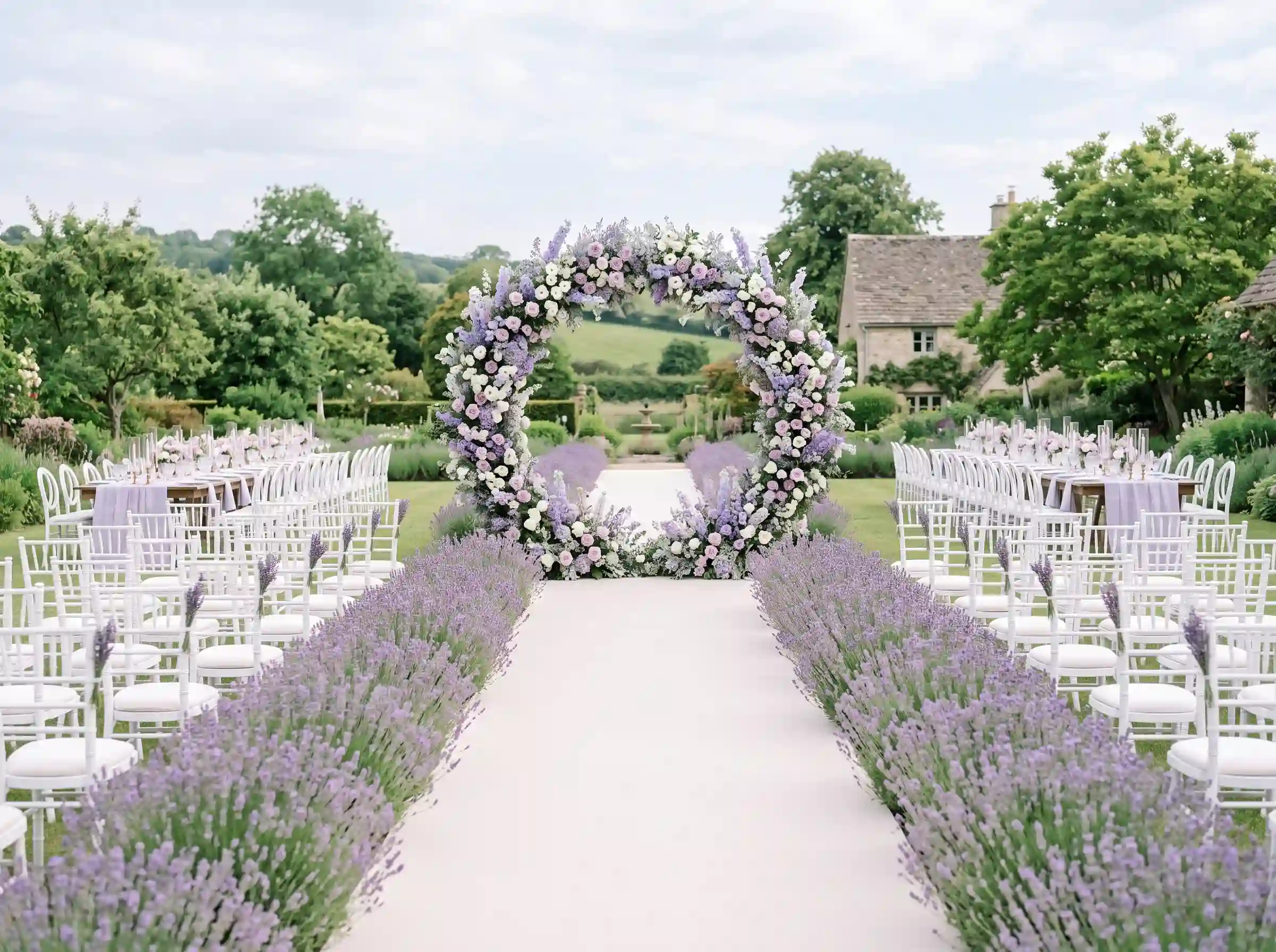 Whimsical garden wedding with circular lavender floral arch and lavender-lined aisle
