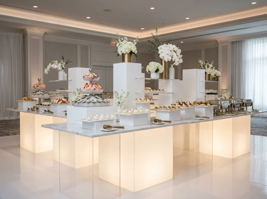 White luxe buffet wedding reception