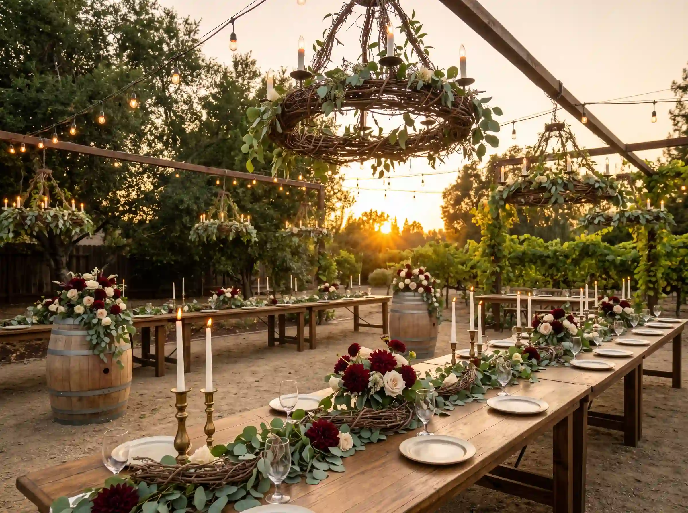 Vintage vineyard supper reception with grapevine garlands and candlelit tables under a twilight sky