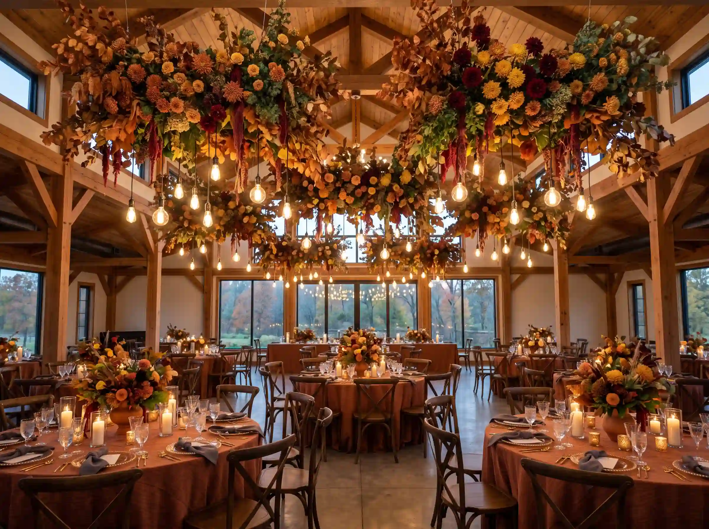 Timber frame reception venue with suspended autumn floral ceiling installation and Edison bulb lighting