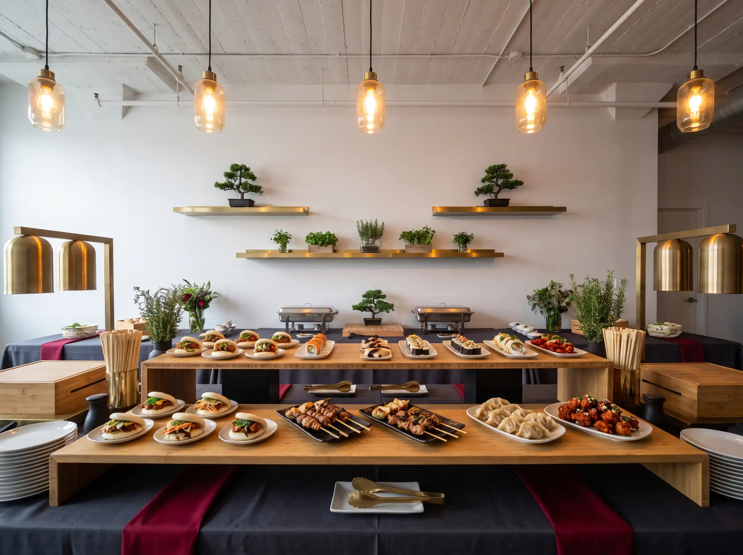 Elegant Asian street market wedding buffet with bamboo shelving bao buns and warm pendant lighting