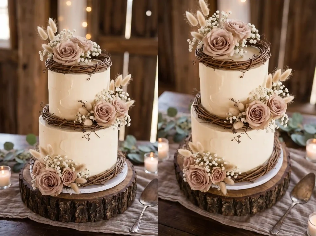 Birch Rose Romance Inspiration Rustic woodland t Wedding cake with roses grapevine
