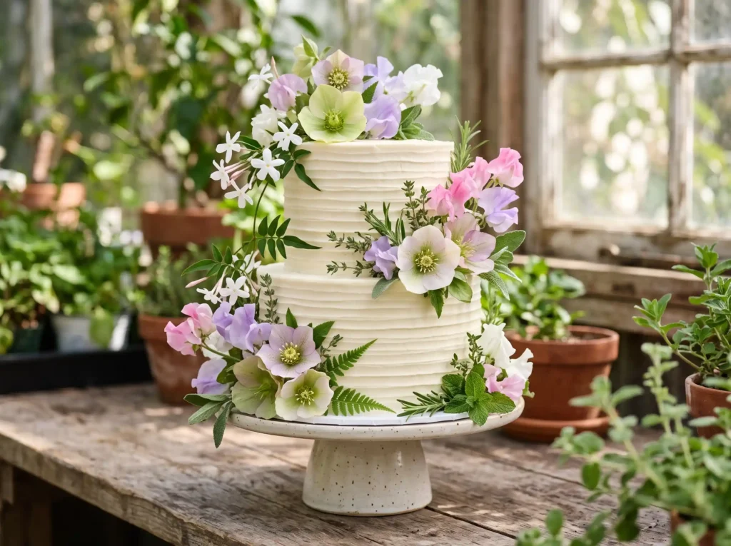 Botanical Buttercream Bloom Inspiration The natu Buttercream cake with flowers herbs