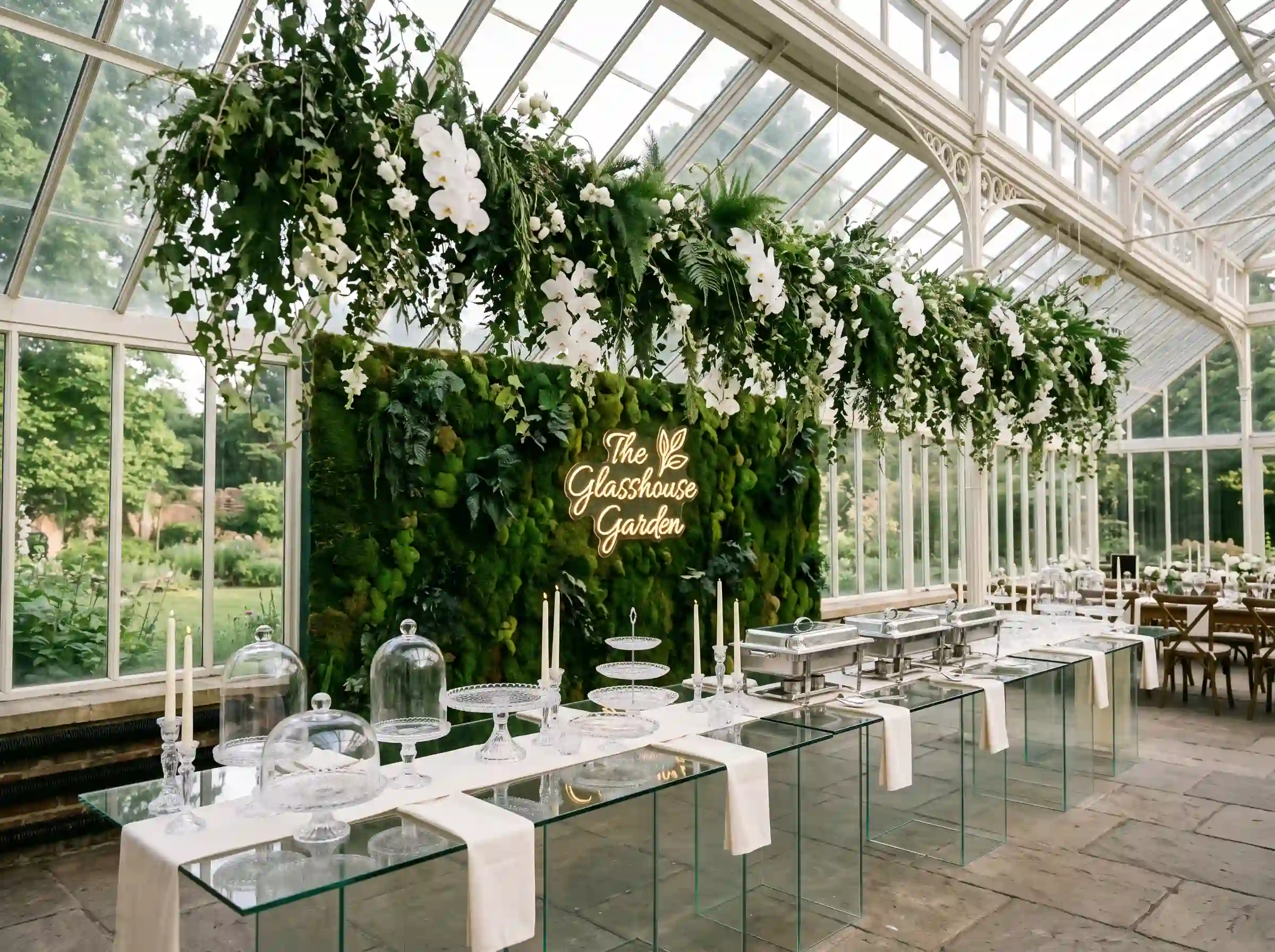 Botanical glasshouse wedding food display with glass tables, silver chafing dishes, white orchids, and a lush moss wall