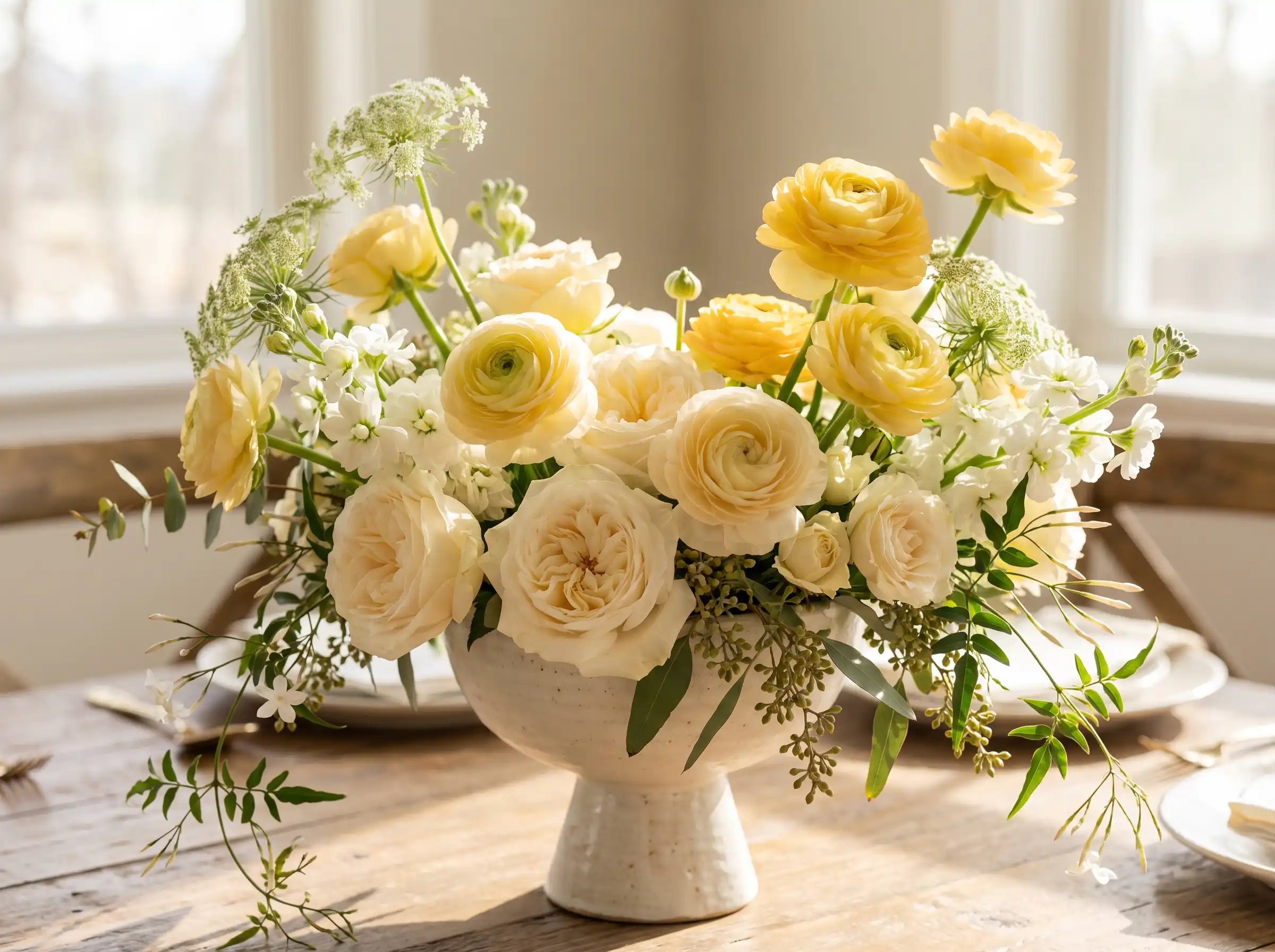 Butter yellow ranunculus wedding arrangement with cream roses white stock and jasmine in ceramic vessel