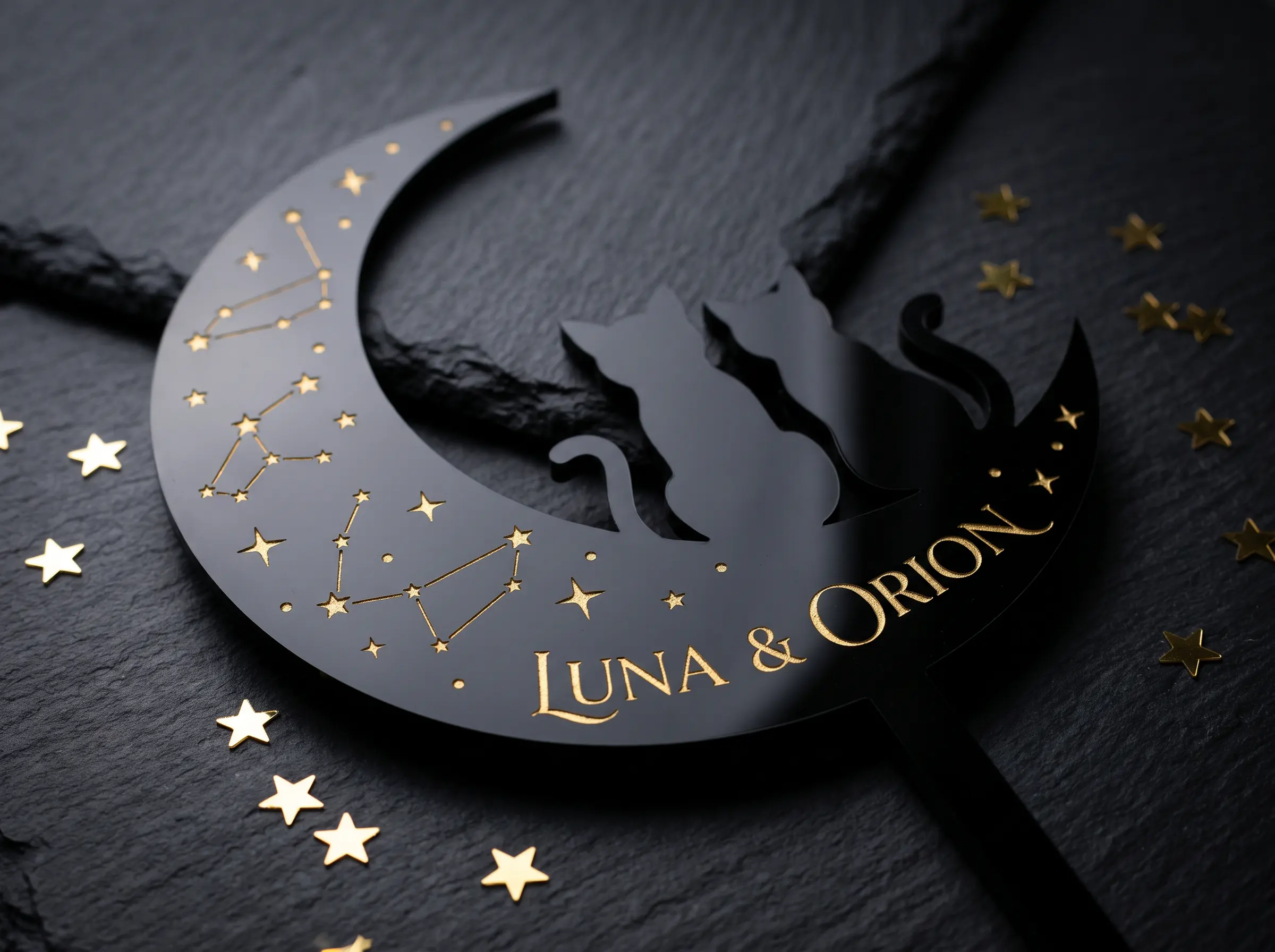 Matte black and gold celestial crescent moon cake topper with two cat silhouettes and stars