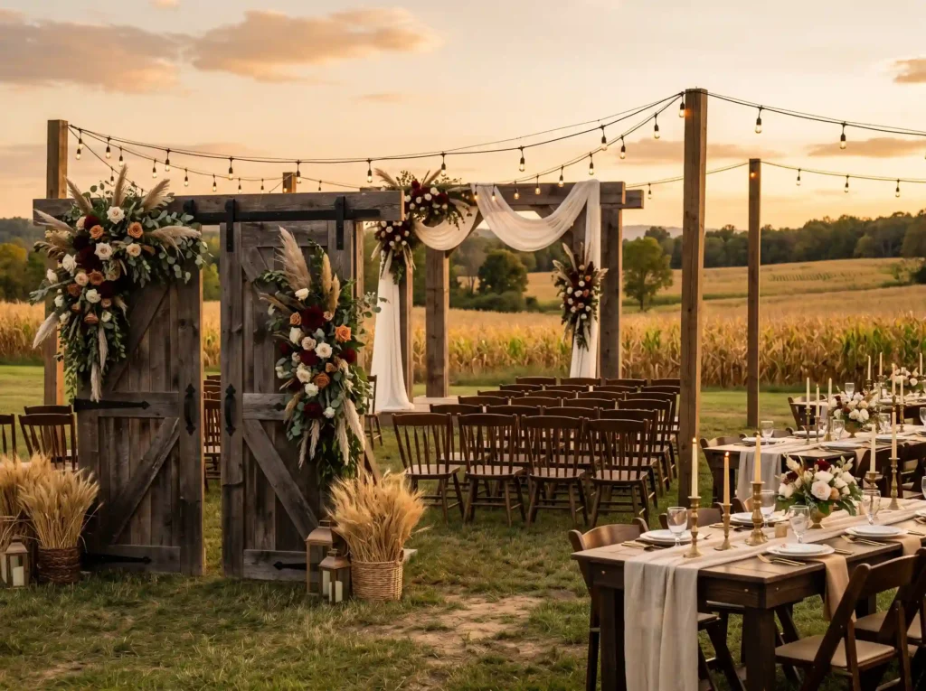 Cozy Barnyard Romance Inspiration Rustic farmhou Barnyard wedding ceremony entrance K