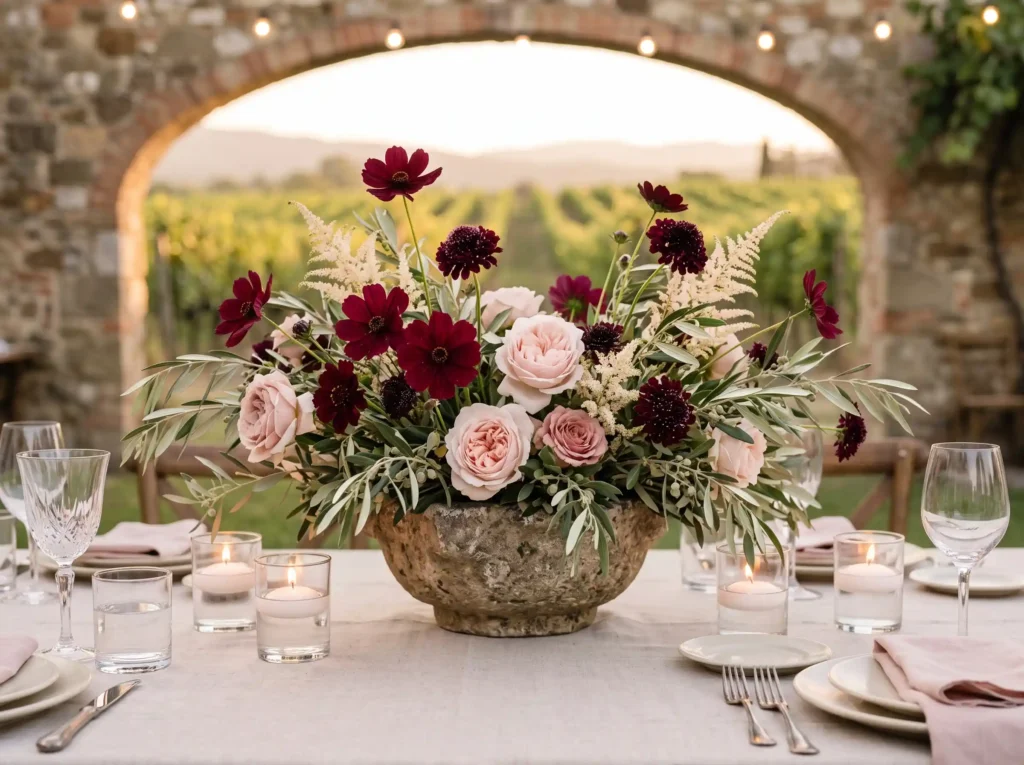 Crimson Meadow Centerpiece Inspiration A natural Floral arrangement in stone vessel