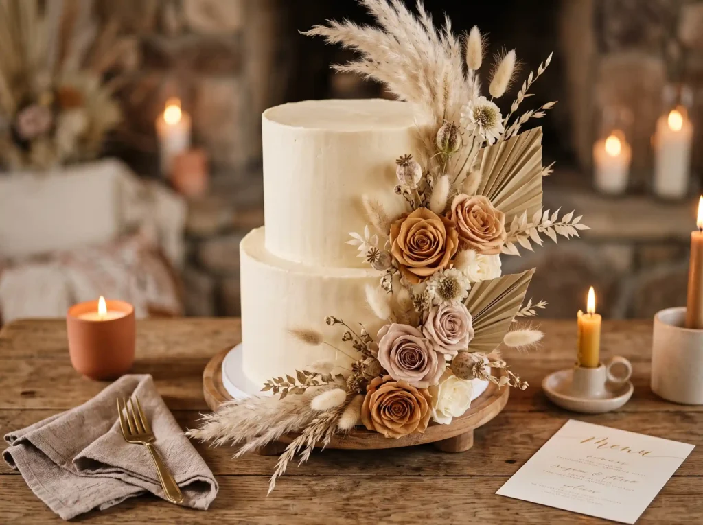 Desert Pampas Elegance Inspiration Modern bohemi Cake with pampas grass roses
