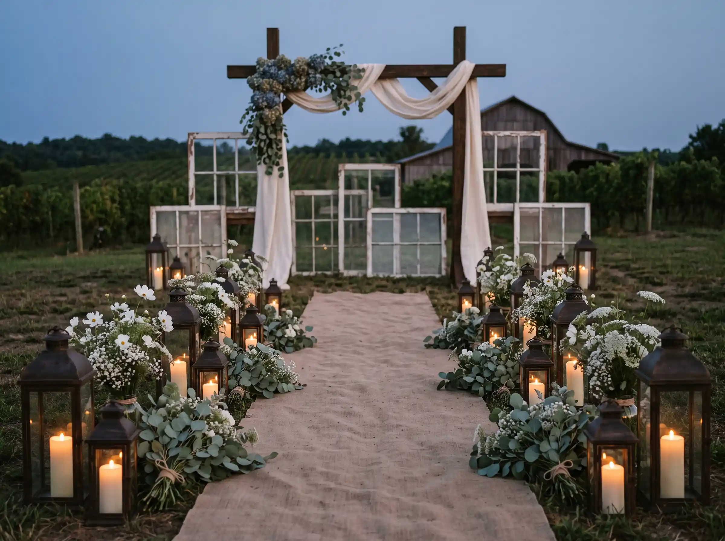 Ceremony aisle lined with vintage iron lanterns and dusty blue hydrangea accents near a wooden beam altar