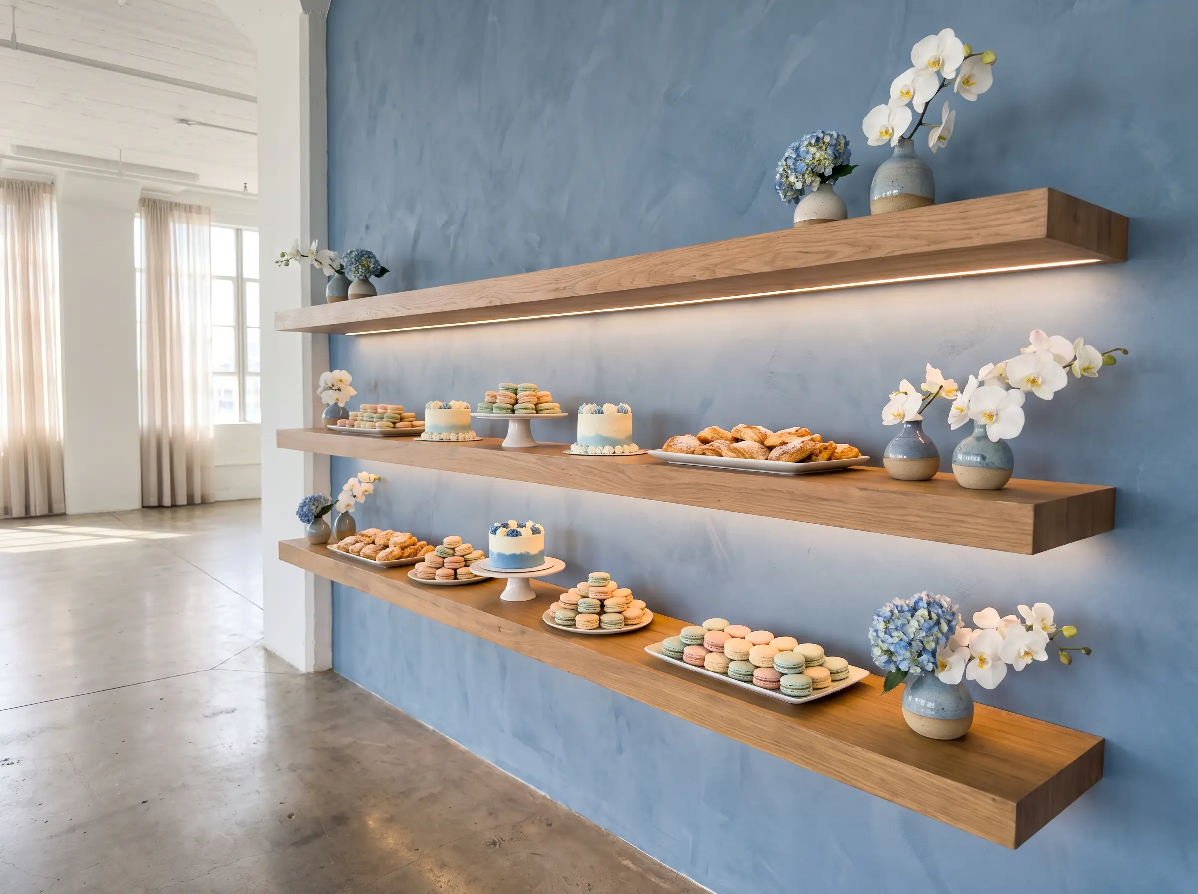 Floating wooden shelves displaying macarons and mini cakes with white orchids and LED lighting