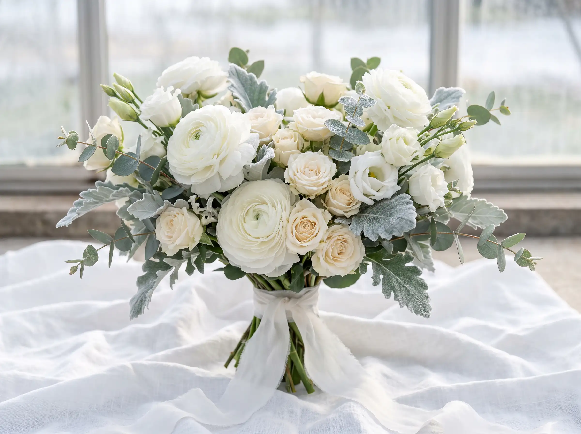 Cloud-like white ranunculus bridal bouquet with dusty miller and frosted textures