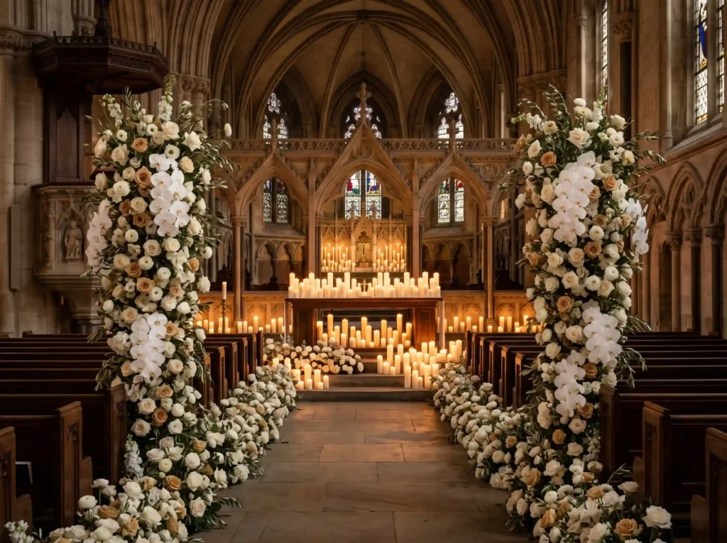 Golden Candle Chapel Inspiration Classic Europea Altar with floral towers candles