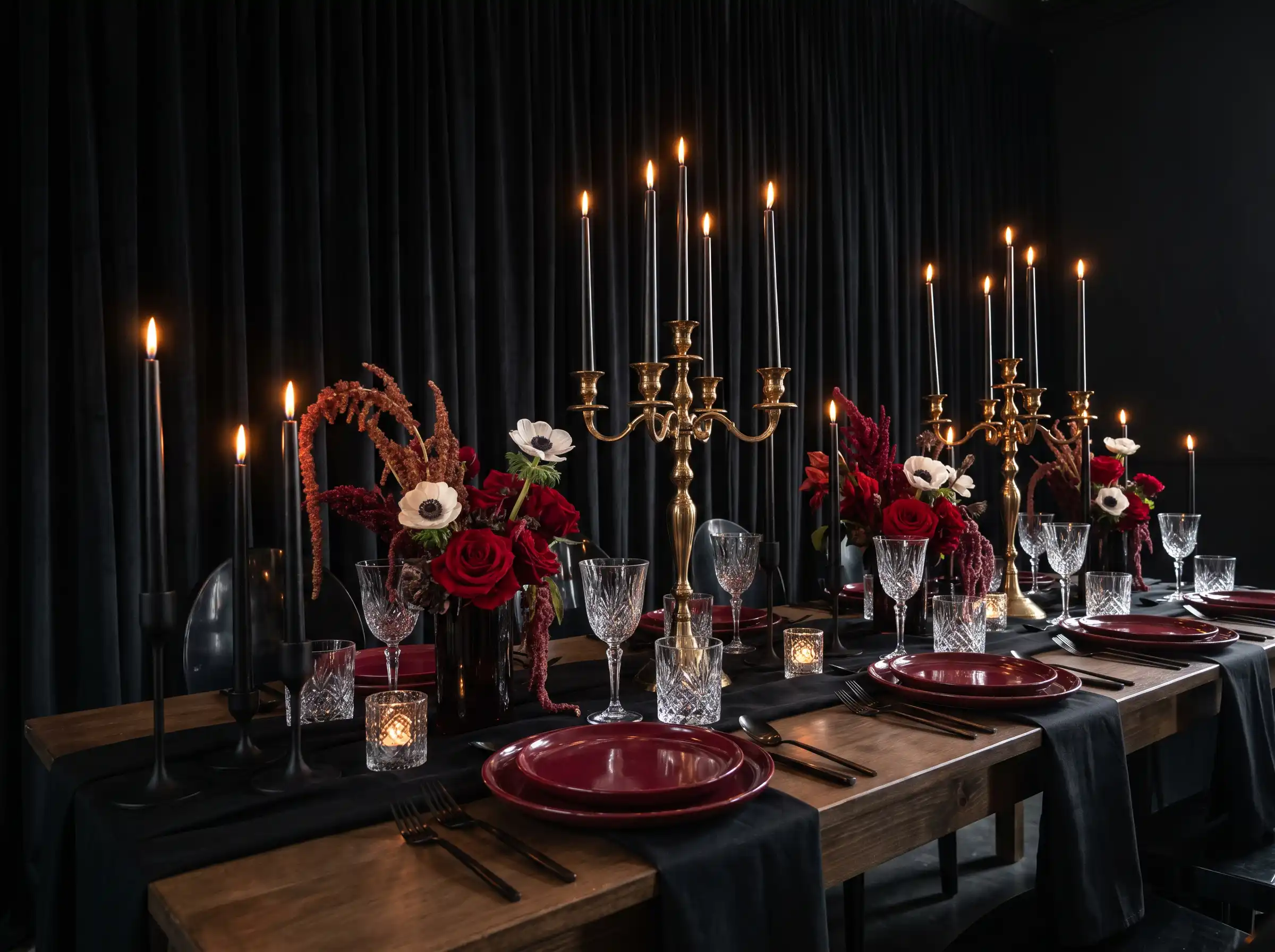 Gothic glamour wedding table in a chapel with deep red florals and dark drapery