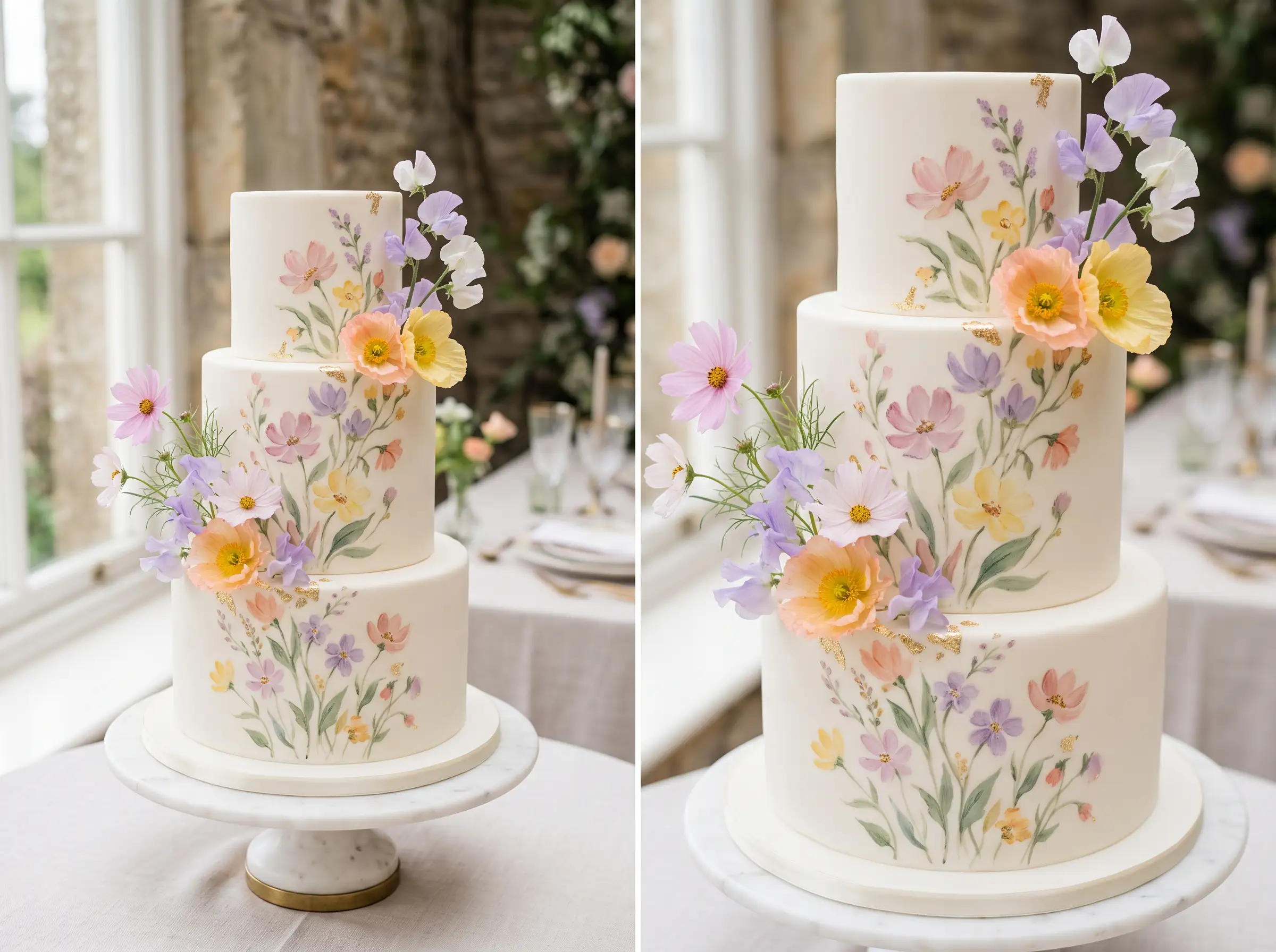 Artistic hand-painted wildflower wedding cake with botanical illustrations on smooth fondant tiers