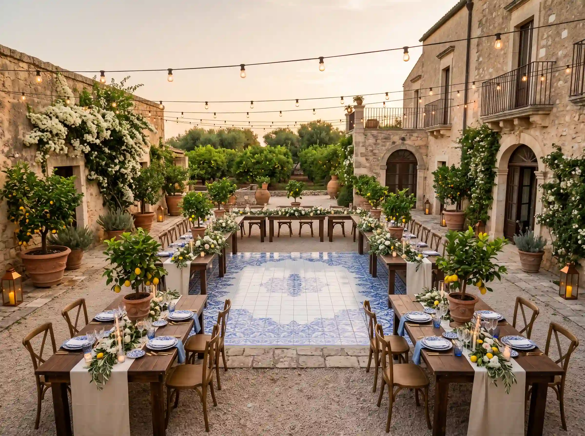 Sun-drenched Mediterranean citrus courtyard reception with lemon trees terracotta tones and string lights