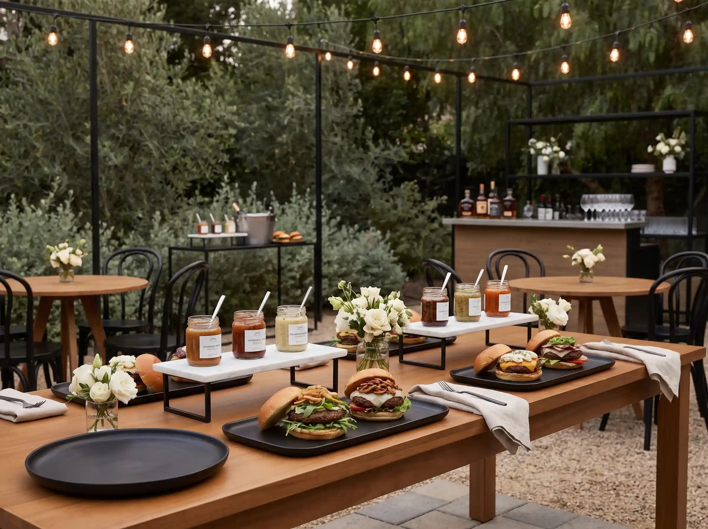 Upscale gourmet burger and bourbon wedding station with Edison lighting and marble risers