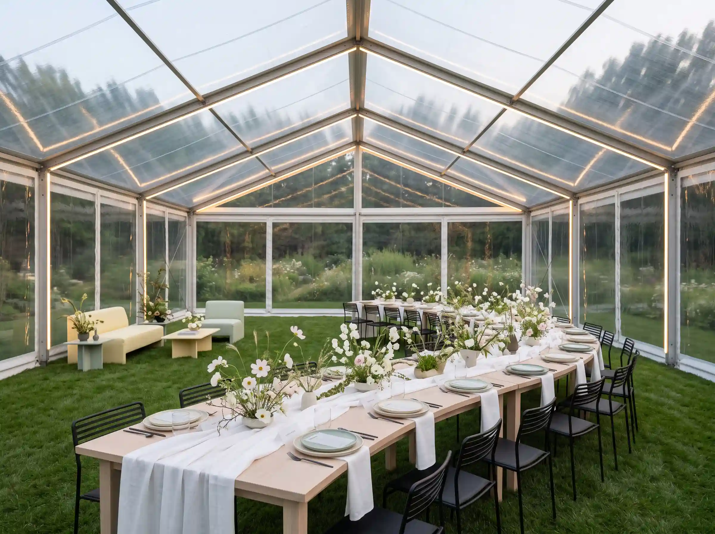 Modern meadow glasshouse tent reception with serpentine table and wild flower arrangements in ceramic vessels