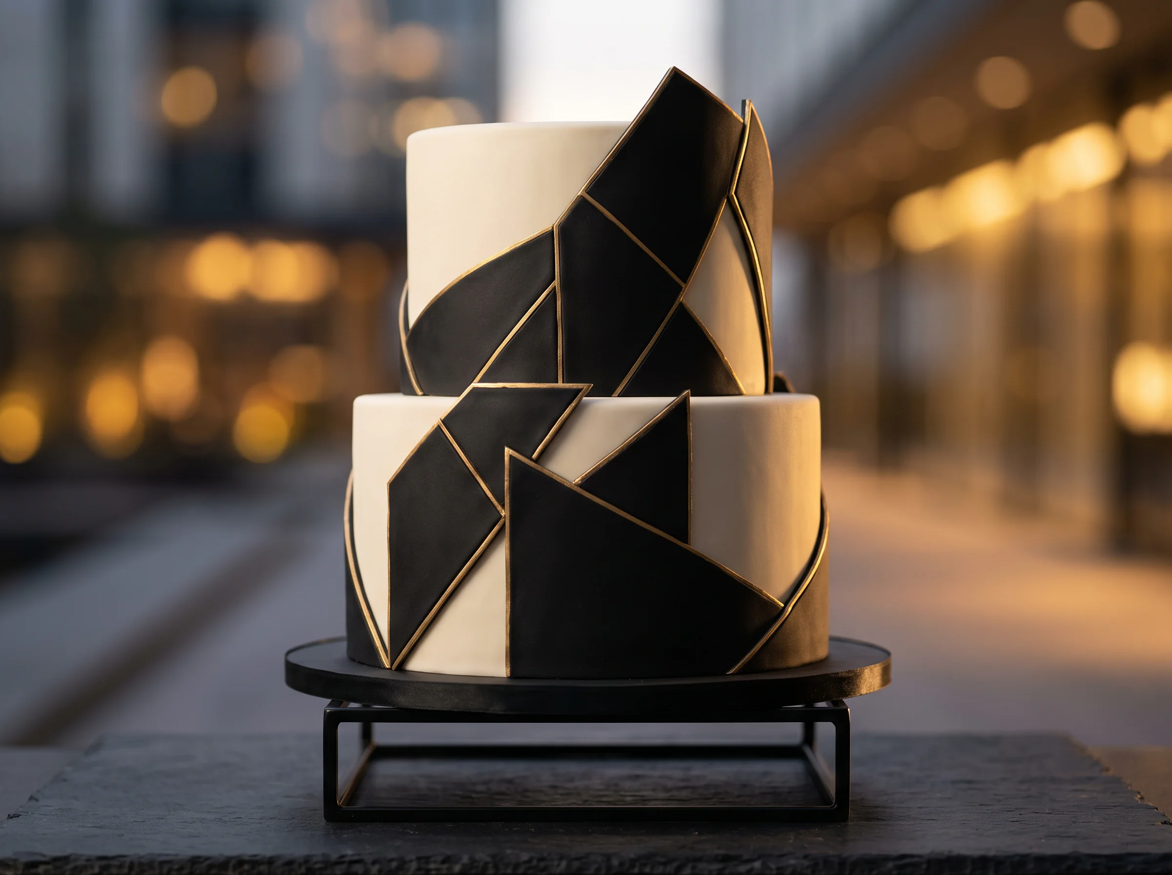 Striking modern black two-tier wedding cake with bold geometric patterns and clean lines