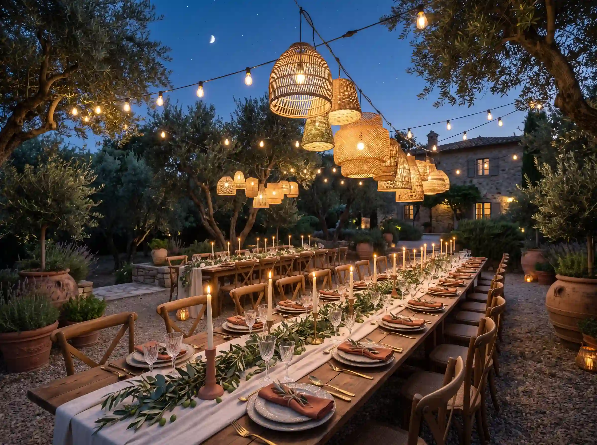 Moonlit Mediterranean olive grove tablescape with festoon lights and terracotta accents for evening dining
