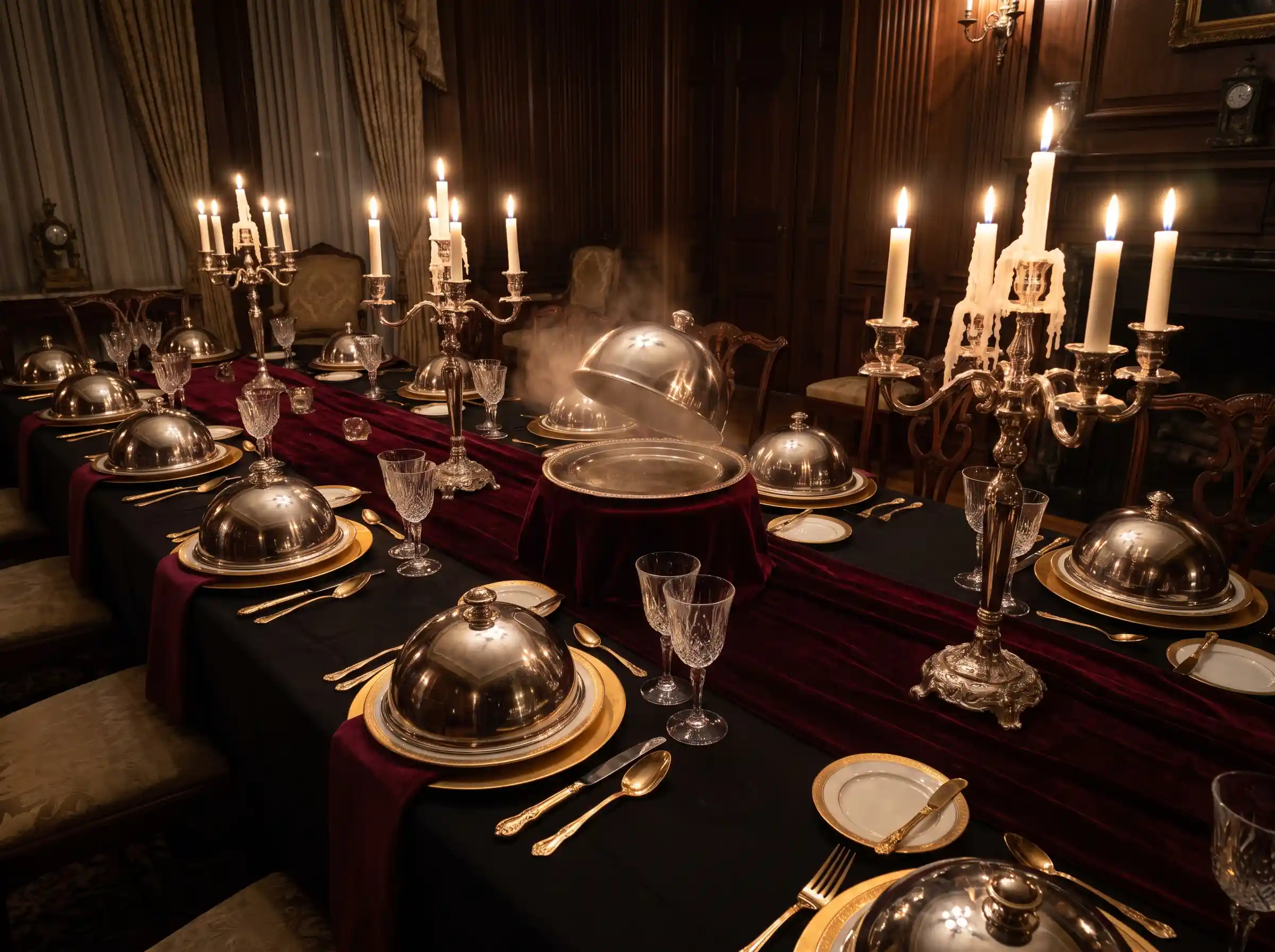 Formal reception table with silver cloches gold rimmed china crystal stemware and dripping candelabras in moody candlelight