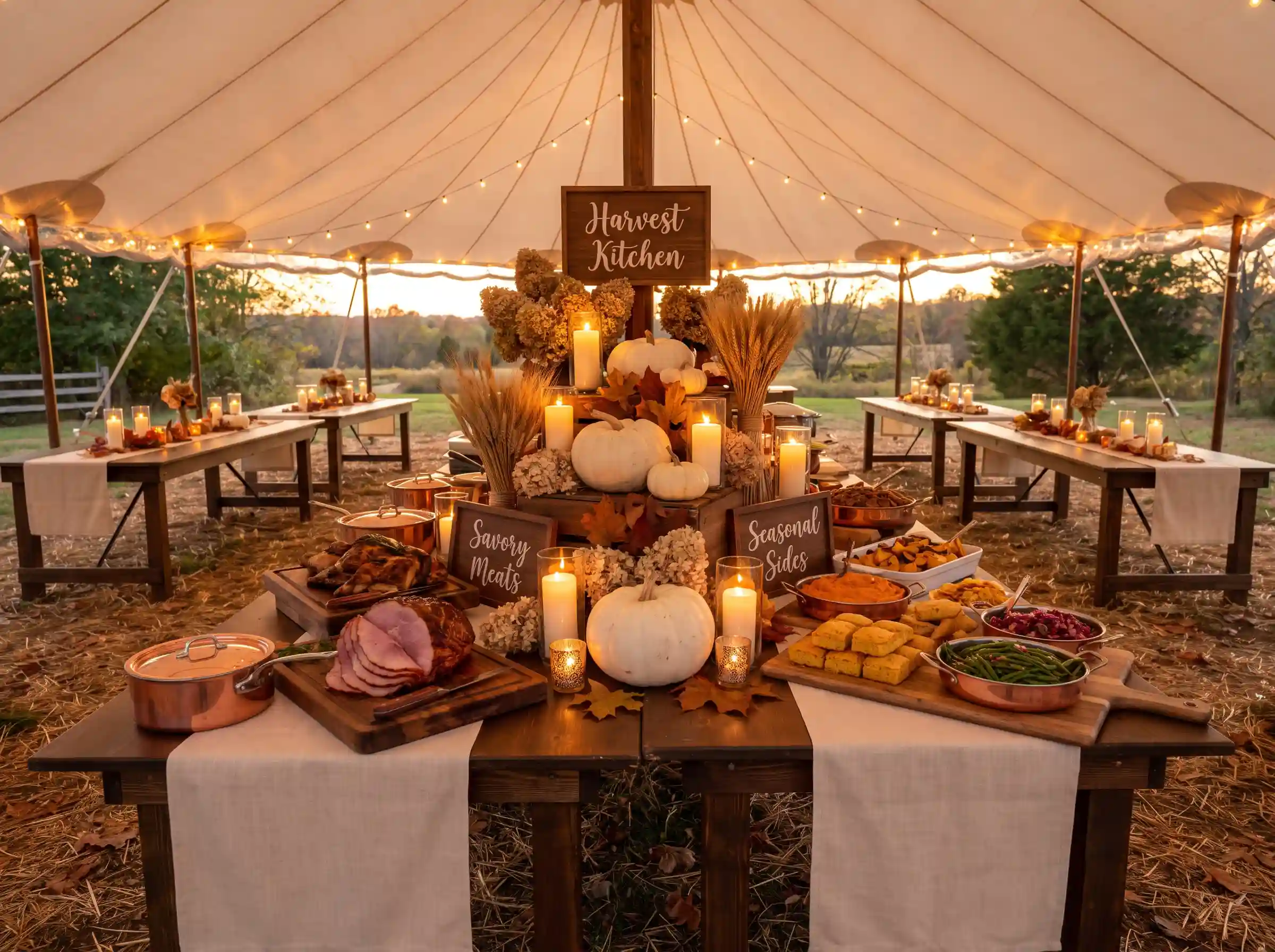 Elegant fall harvest wedding buffet with white pumpkins and maple-glazed ham under sailcloth tent
