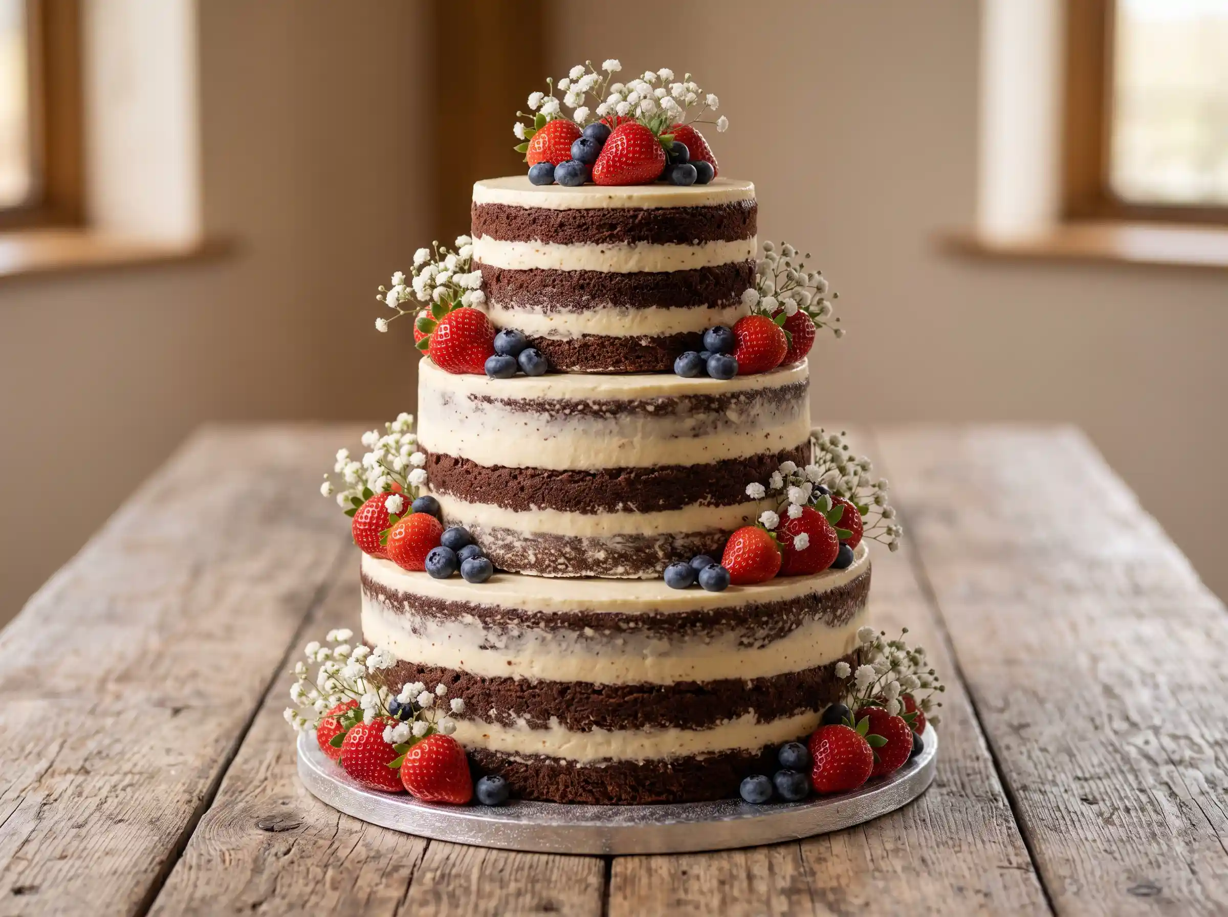 Rustic chocolate wedding cake with minimal frosting and fresh fruit orchard accents