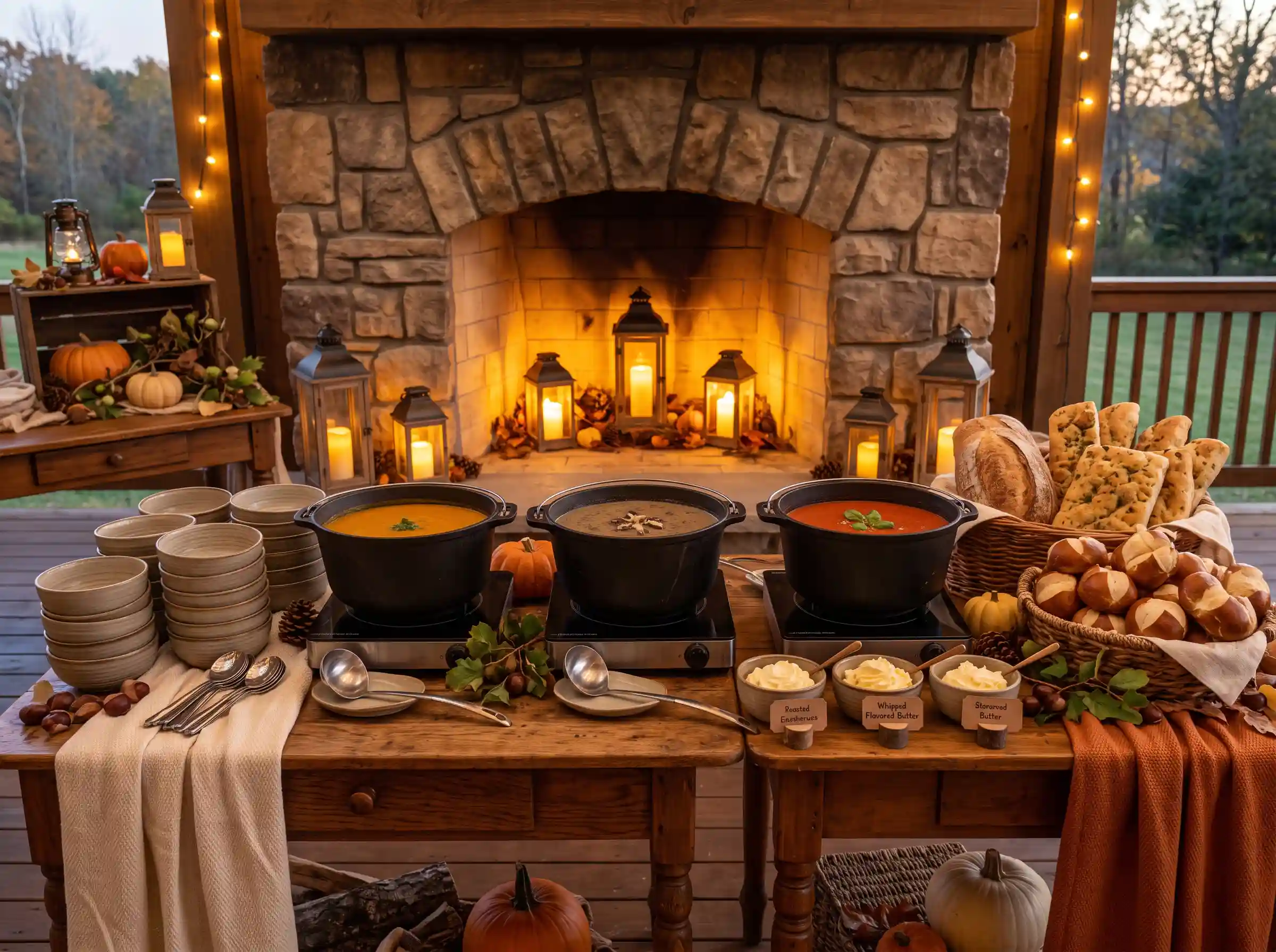 Cozy soup and bread buffet with cast iron kettles and stone fireplace backdrop at autumn wedding