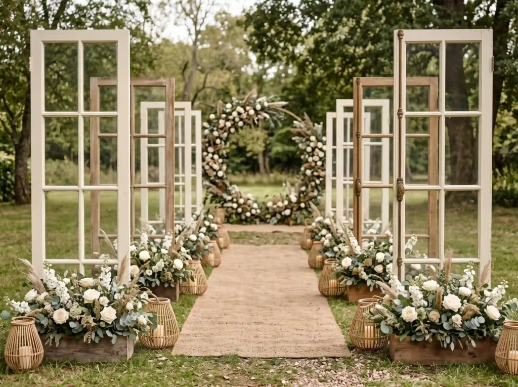 Rustic Window Aisle Inspiration Vintage architec Rustic window aisle ceremony design