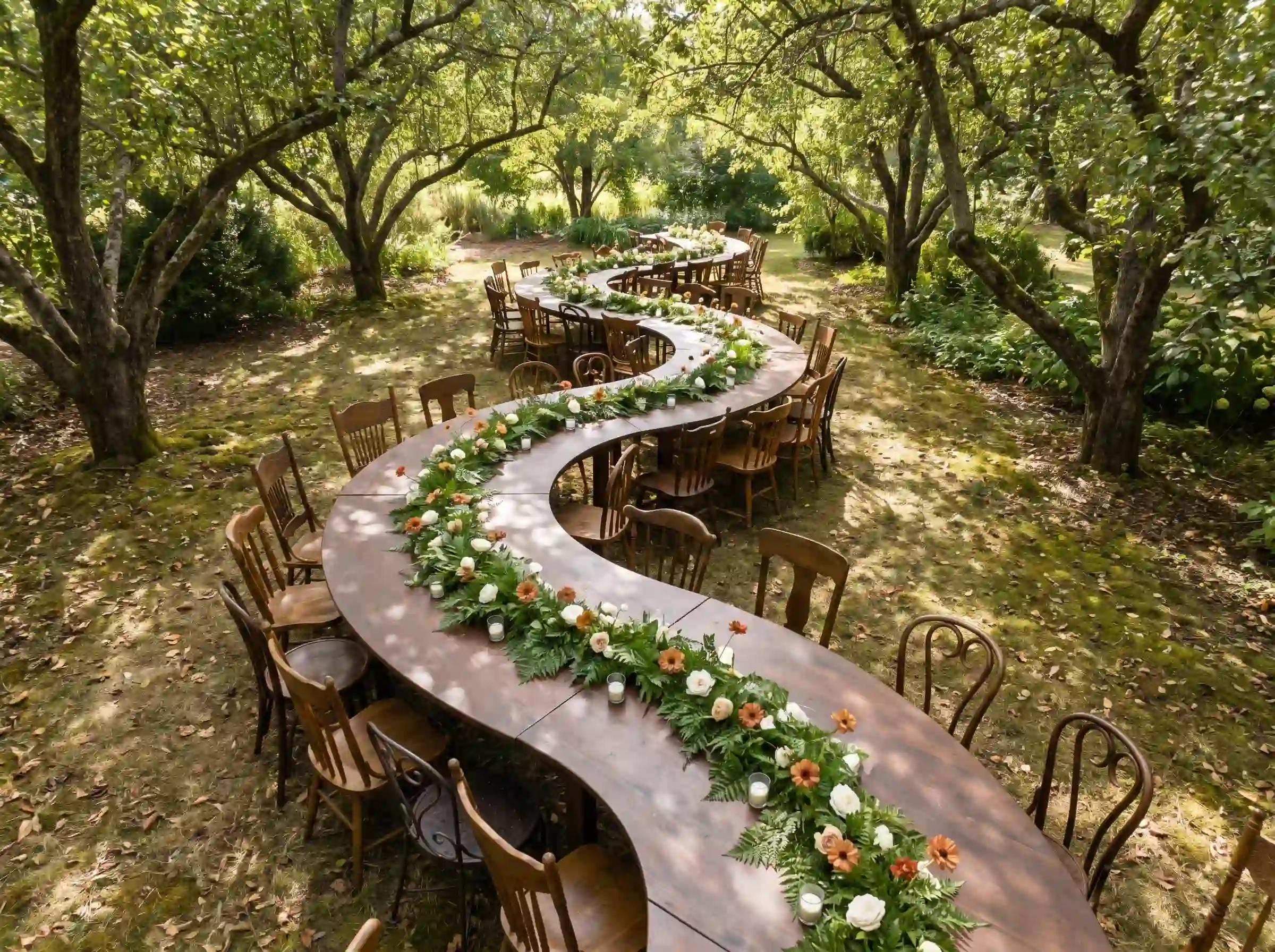 Long serpentine wooden table winding between mature trees with fern and rose runner and mismatched chairs
