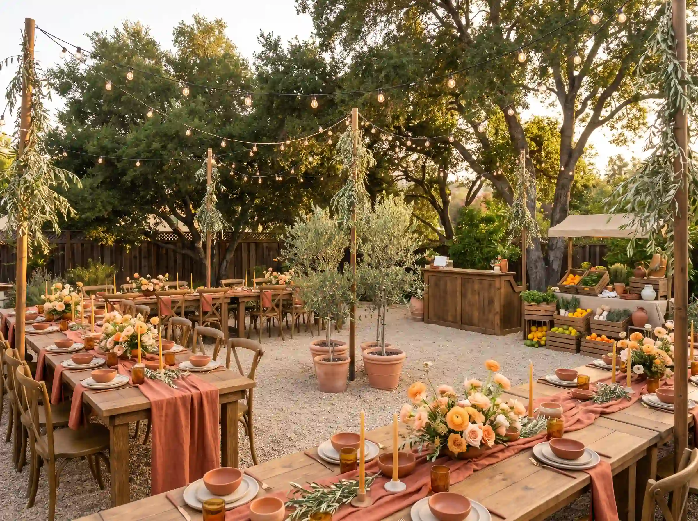 Sun-baked terracotta orchard reception with U-shaped farm tables, olive trees, and garden roses