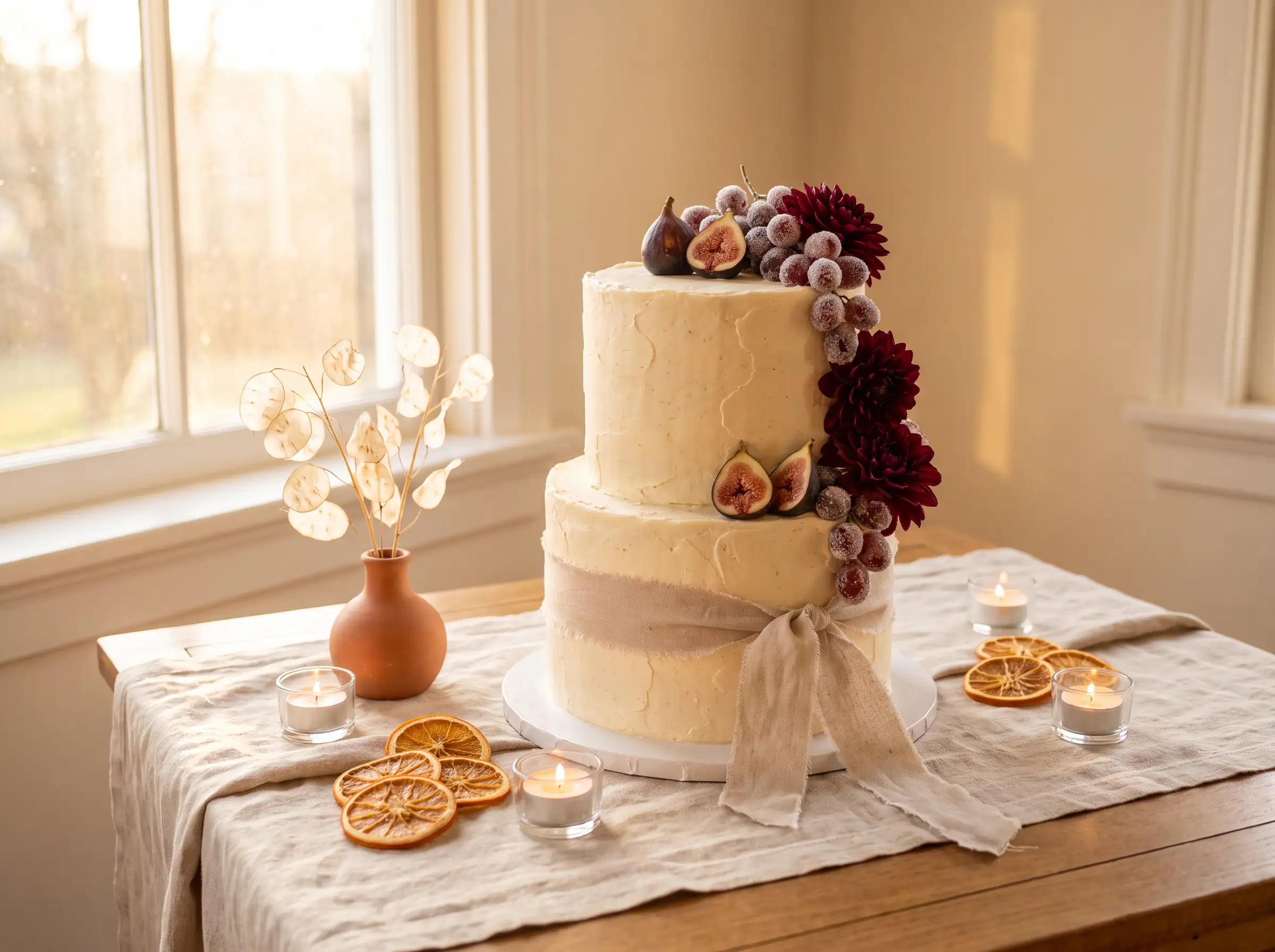 Two-tier textured buttercream cake with figs, sugared grapes, and burgundy dahlias in warm light