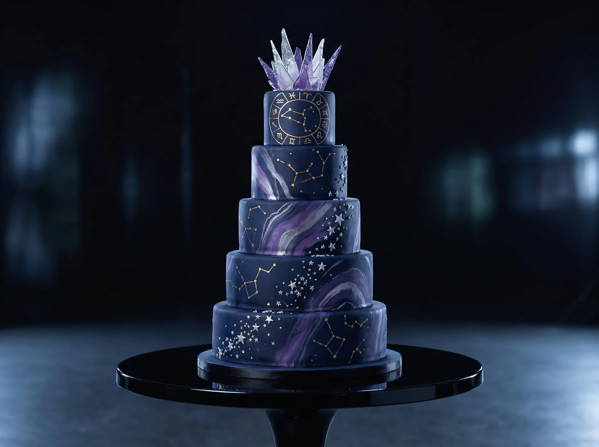 Five-tier galaxy wedding cake in midnight navy with silver stars gold constellations and isomalt shards