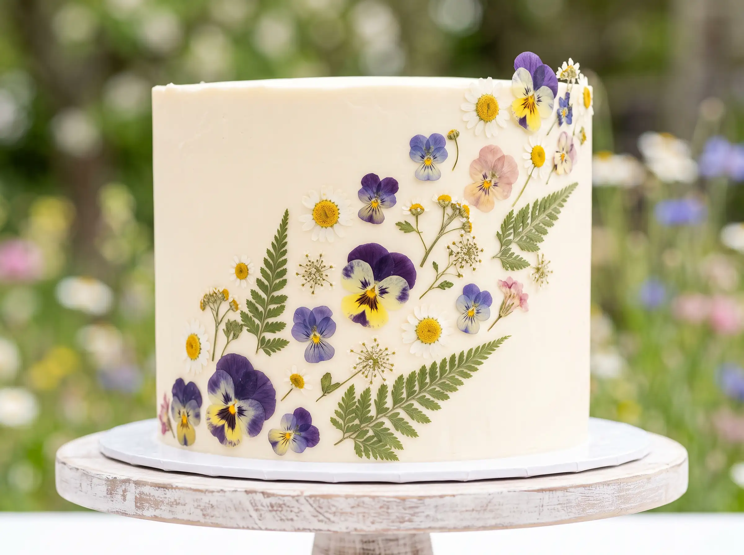 Single tier ivory buttercream cake with pressed dried wildflowers pansies and fern fronds on pedestal