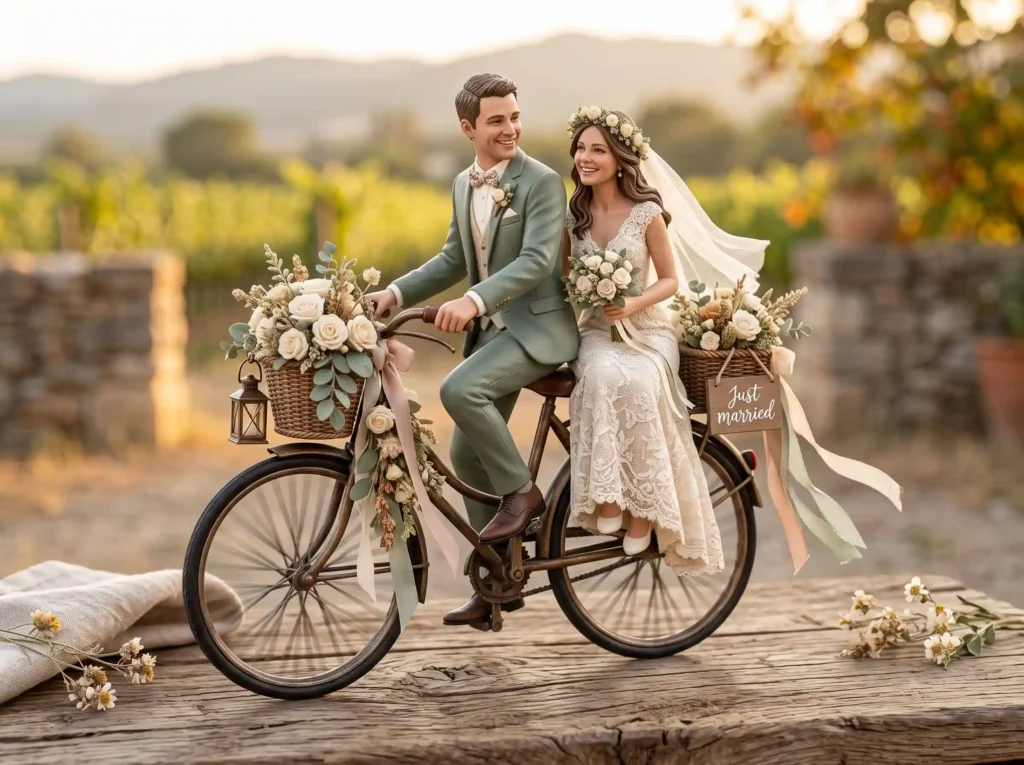 Vintage Bicycle Romance Inspiration A nostalgic Bride and groom on bicycle